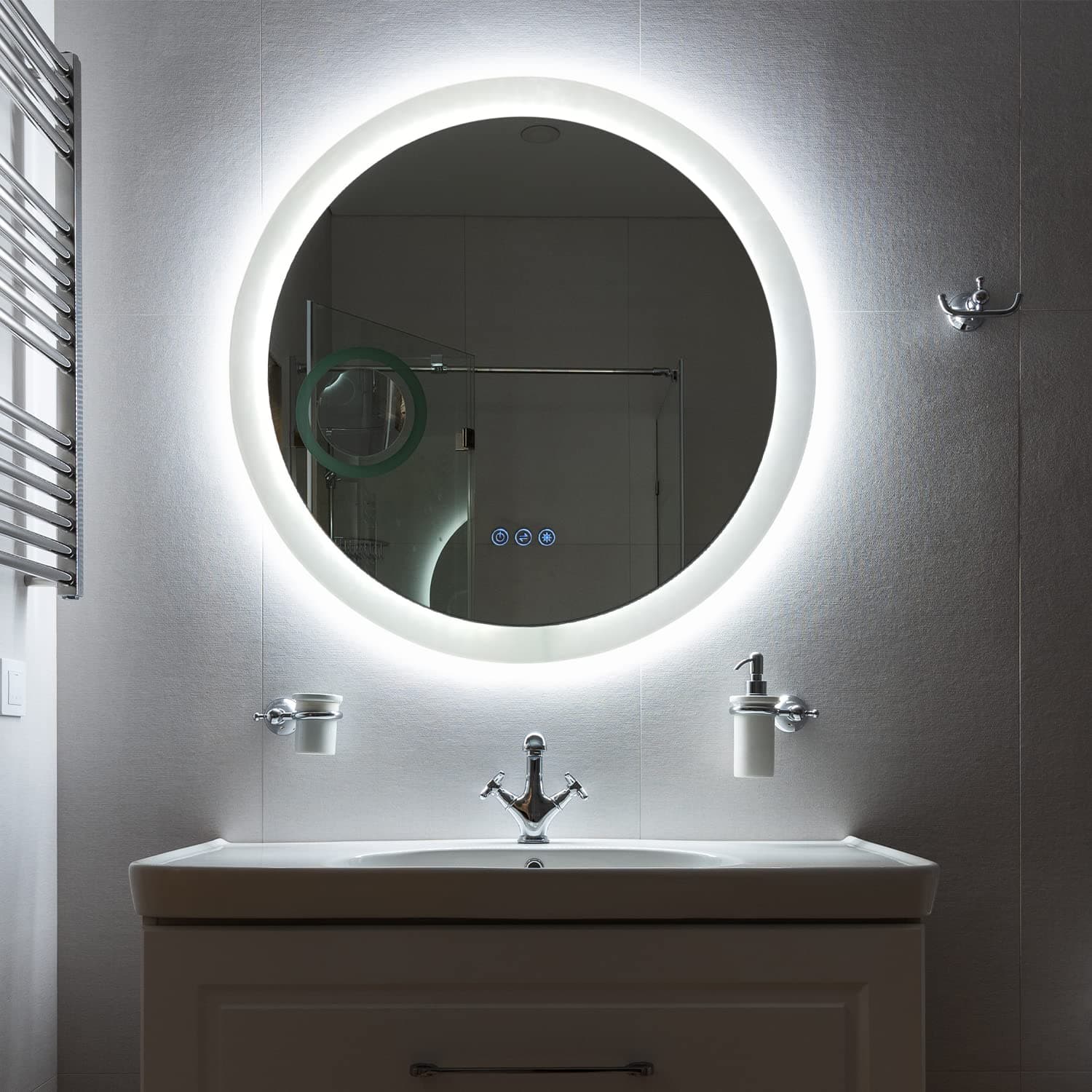 Mirrors and More Aluminium Framed Round Vanity Mirror with LED Light, Touch Screen, and Anti-Fog (24" x 24"), Wall Mounted Home Décor Glass for Bathroom, Over Sink, Salon, and Bedroom