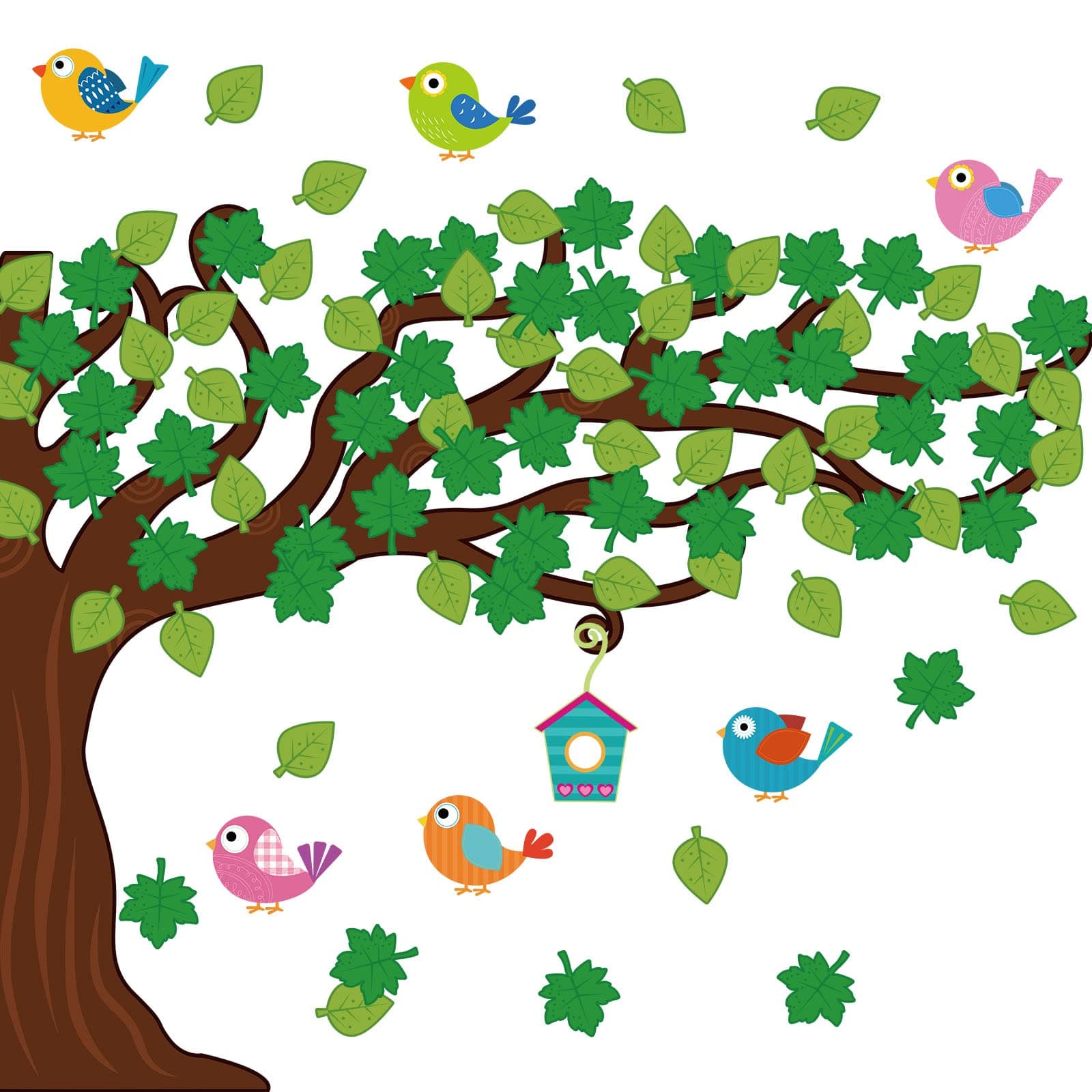 58 Pcs Classroom Tree Bulletin Board Set Trees Cutouts Border Set with Leaves, Bird and Bird House Tree Bulletin Board Multicolor