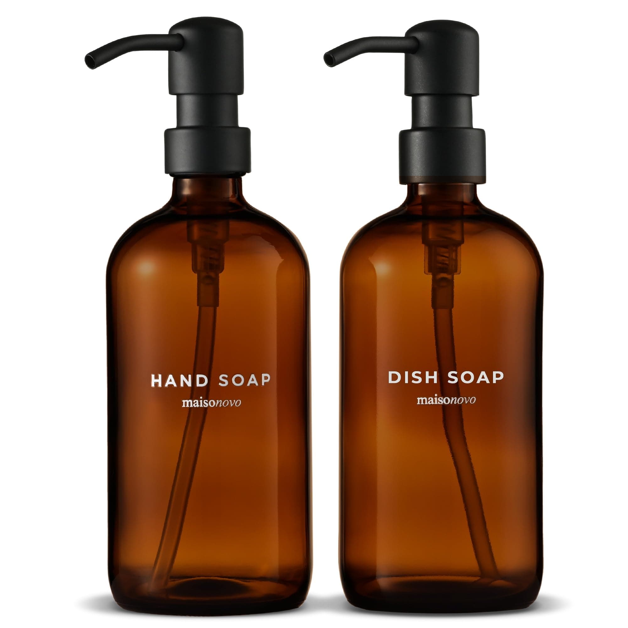 Hand and Dish Soap Dispenser Kitchen Set - 500 ml Amber Glass Soap Dispenser Bottle with Pump Black x 2, Waterproof Labels