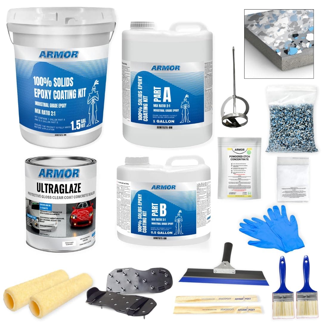 ArmorPoxy Garage Epoxy Floor Kit – 100% Solids - 2 Part Industrial-Grade Coating w/UltraGlaze Topcoat | DIY Slip & Hot Tire Resistant |300 Sq Ft - Medium Gray - 17 pc kit