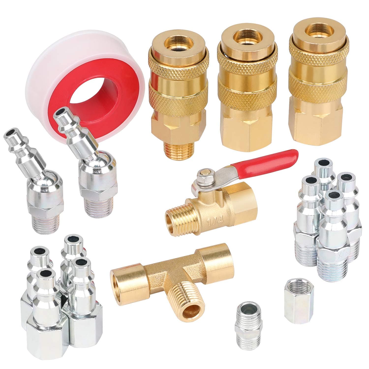 Hromee 18 Pieces Air Coupler and Plug Kit, 1/4-Inch NPT Air Hose Fittings with Universal Quick Coupler, Brass Ball Valve, Swivel Air Plug and Tee Pipe Fitting - Air Compressor Accessories Kit