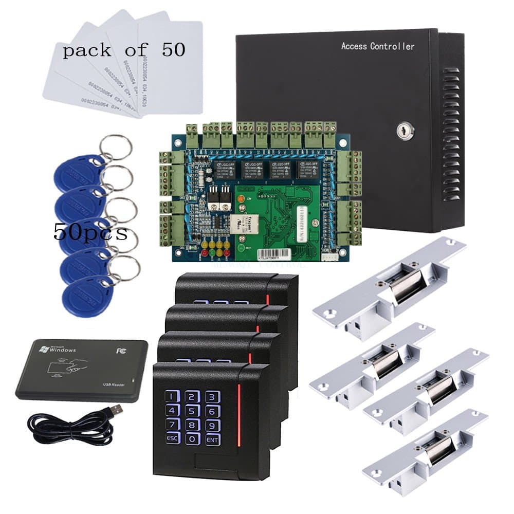 MENGQI-CONTROL RFID Keypad Access Control System Card or PIN Code Open 4 Doors Strike Lock Smart TCPIP Control Board Keypad Door Access 110-240V Power Supply Box