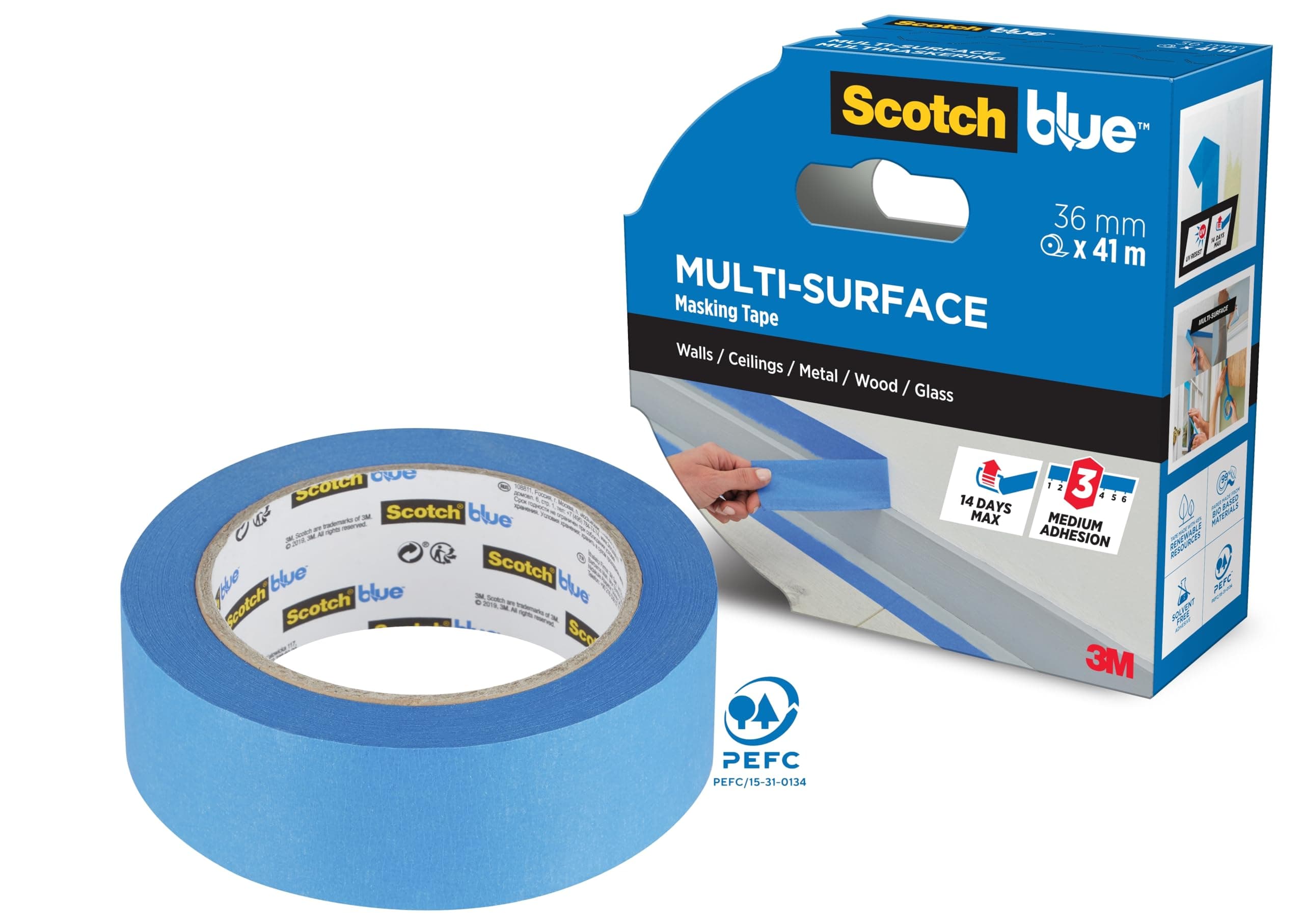 ScotchBlue Multi-Surface Premium Masking Tape, 36 mm x 41 m, 1 Roll/Pack - Scotch Adhesive Blue Painters Tape, For Painting and Decorating, Indoor & Outdoor, Sticks Well, 70% PEFC