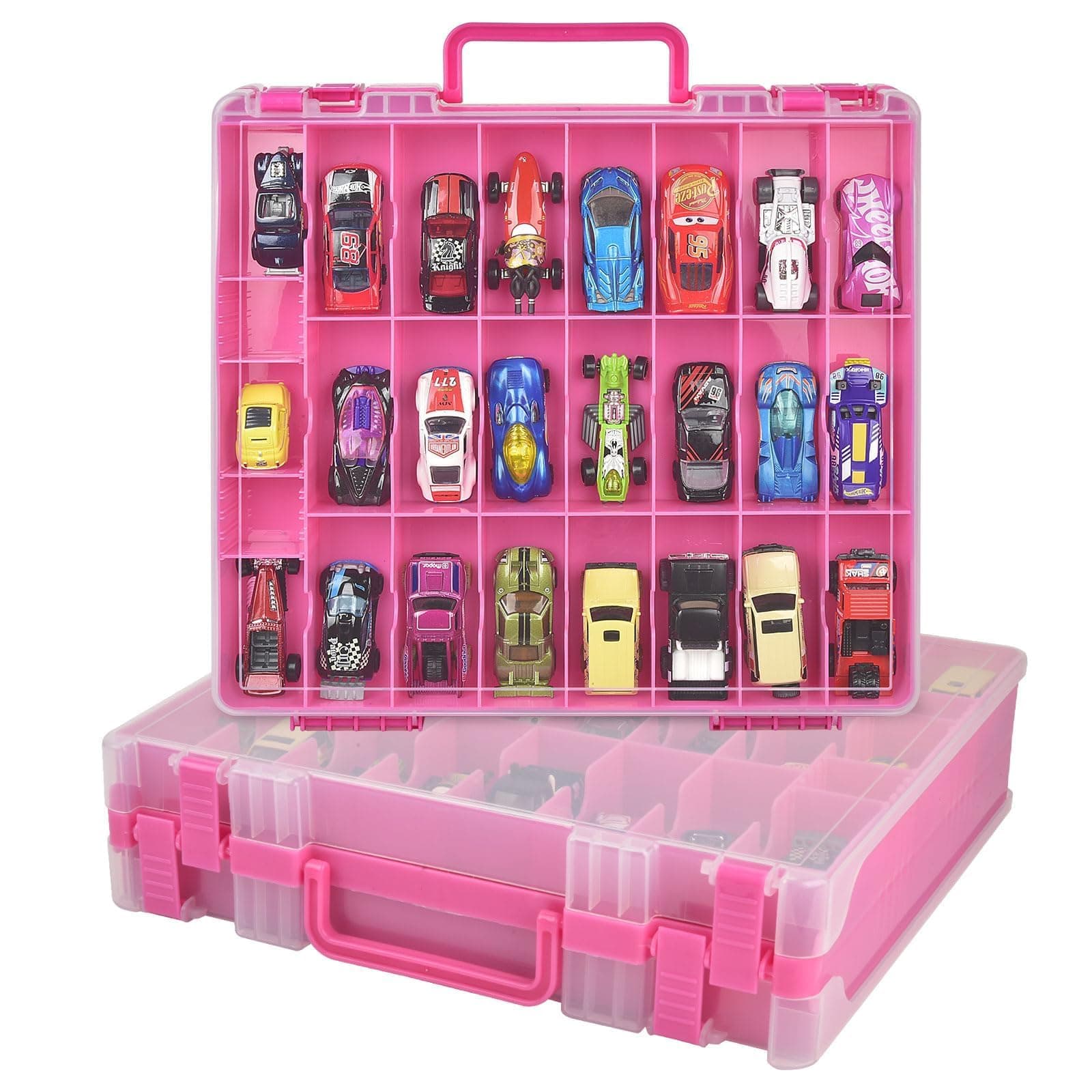 Car Storage Organizer Case Compatible with Hot Wheels/for Matchbox Cars. Display Carrying Container Holder for LOL Surprise Dolls/for Shopkins with 48 Compartments Double Sided -Pink (Box Only)