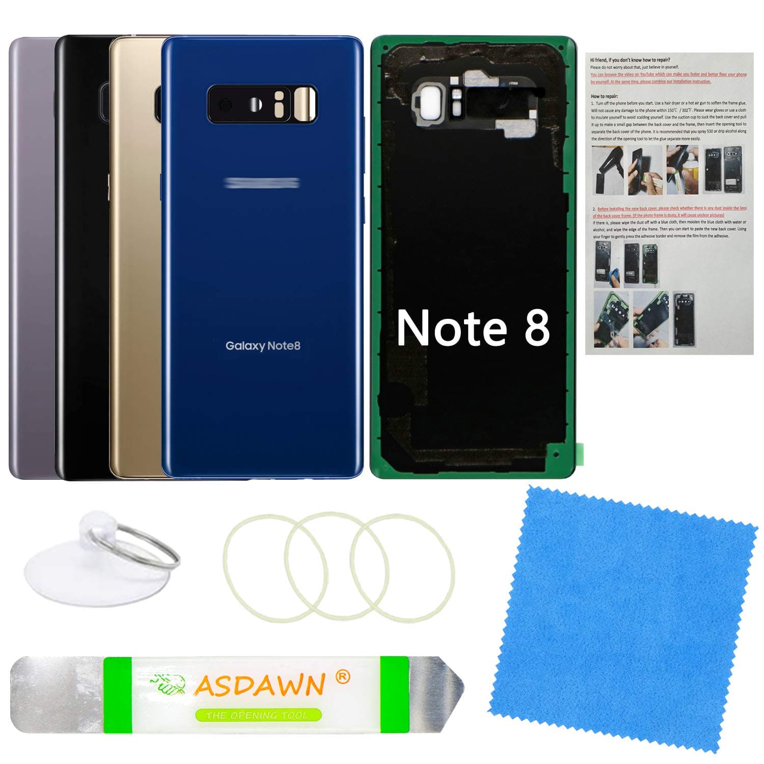 Galaxy Note 8 Replacement Back Glass Panel Case with Installation Manual + Pre-Installed Camera Lens + Repair Tool Kit for Samsung Galaxy Note 8 SM-N950 All Carriers (Deep Sea Blue)