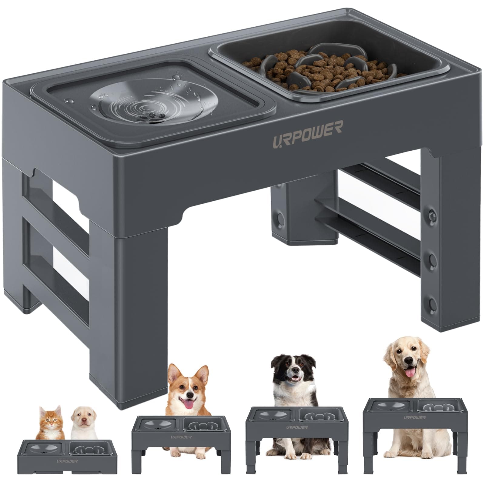 URPOWER 2-in-1 Elevated Slow Feeder Dog Bowls with No-Spill Water Bowl, 4 Height-Adjustable Raised Dog Bowls, Non-Slip Food and Water Bowls with Stand for Small, Medium, Large Dogs, Cats and Pets