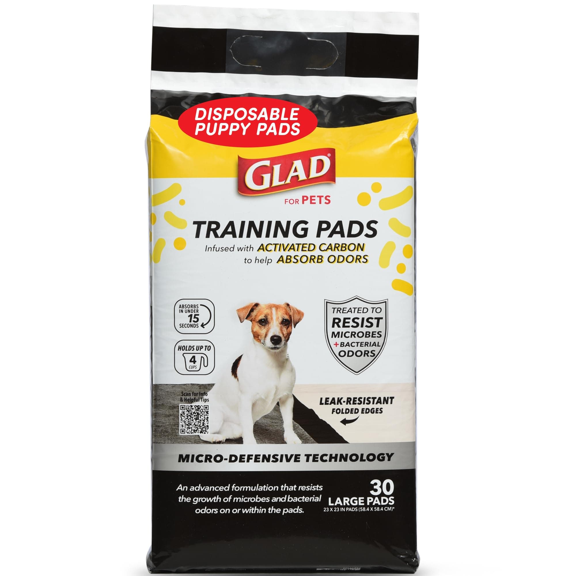 Glad for Pets Activated Carbon Dog Training Pads with Anti-Microbial Technology, Odor Eliminator Pee Mats for Dogs, 6-Layer Leak-Proof Heavy Duty Indoor Puppy Potty Pads, 23 x 23 Inches, 30 Count