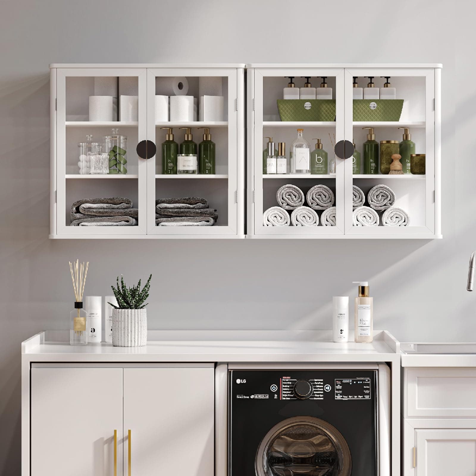 56" Wall Cabinets, Floating with Glass Doors, Display Wall Mounted Cabinet,Over Toilet Storage, Kitchen,Bathroom & Laundry Room, 28" x 2PCS, White