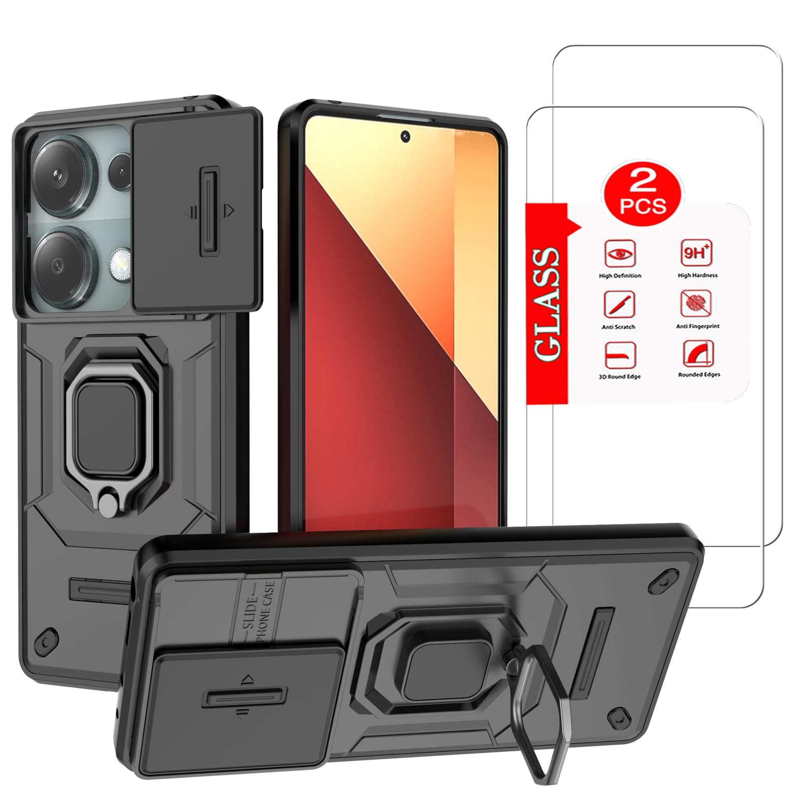 for XiaoMi RedMi Note 13 Pro 4G【Not fit 5G】 Case with [2 Pack] Tempered Glass Screen Protector, for RedMi Note 13 PRO 4G [Military-Grade] Protective，Lens Protects Magnetic Kickstand Case Black