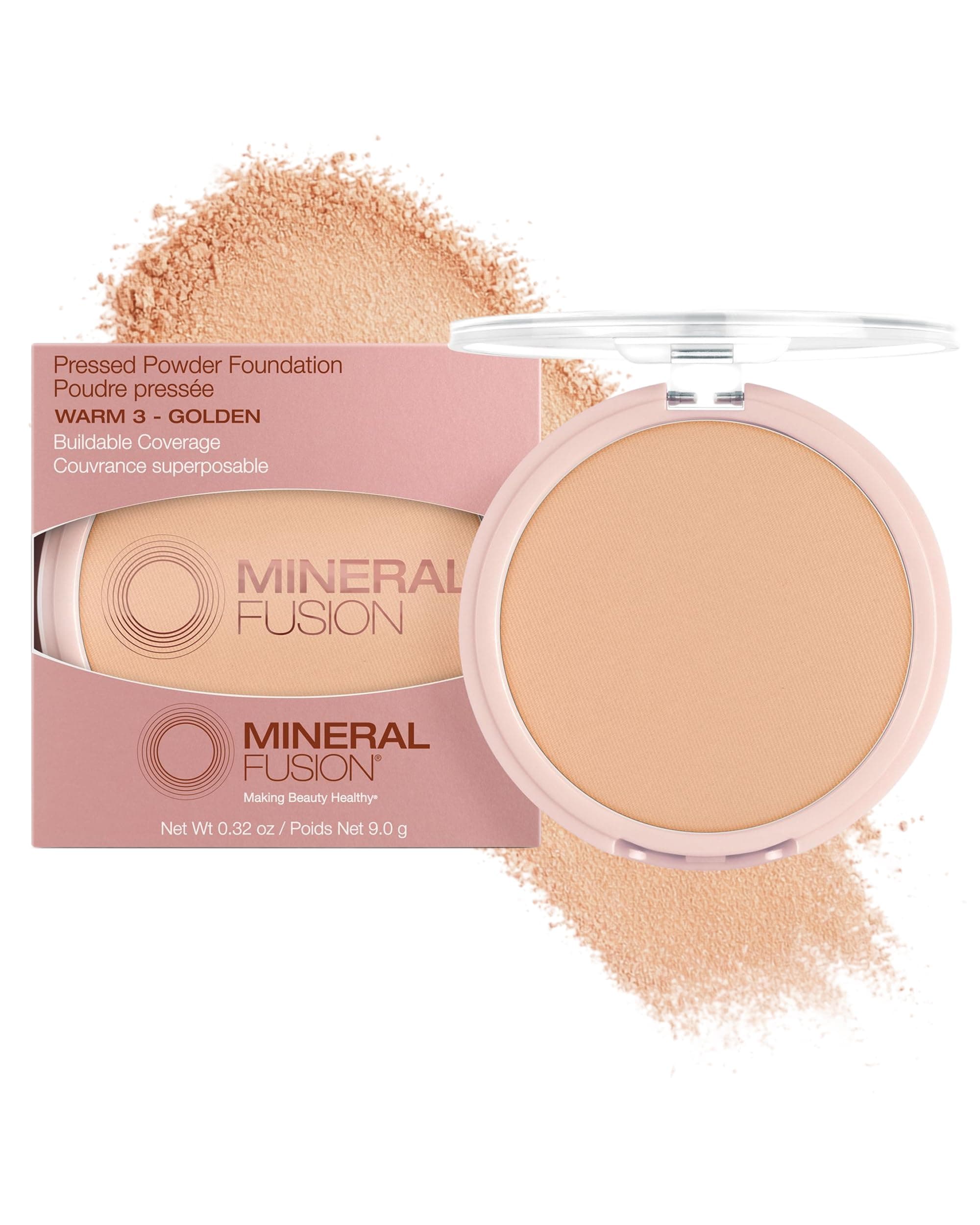 Mineral Fusion Pressed Powder Foundation - Matte Finish Face Powder for Med/Tan Skin with Yellow Undertones - Age Defying Natural Makeup - Talc Free, Vegan, Hypoallergenic (Warm 3)