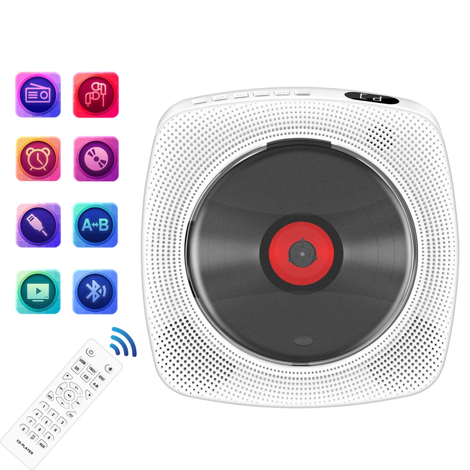 Portable CD Player with Bluetooth, Wall Mountable CD Music Player Home Audio Boombox with Remote Control FM Radio Built-in HiFi Speakers, MP3 Headphone Jack AUX Input Output, White