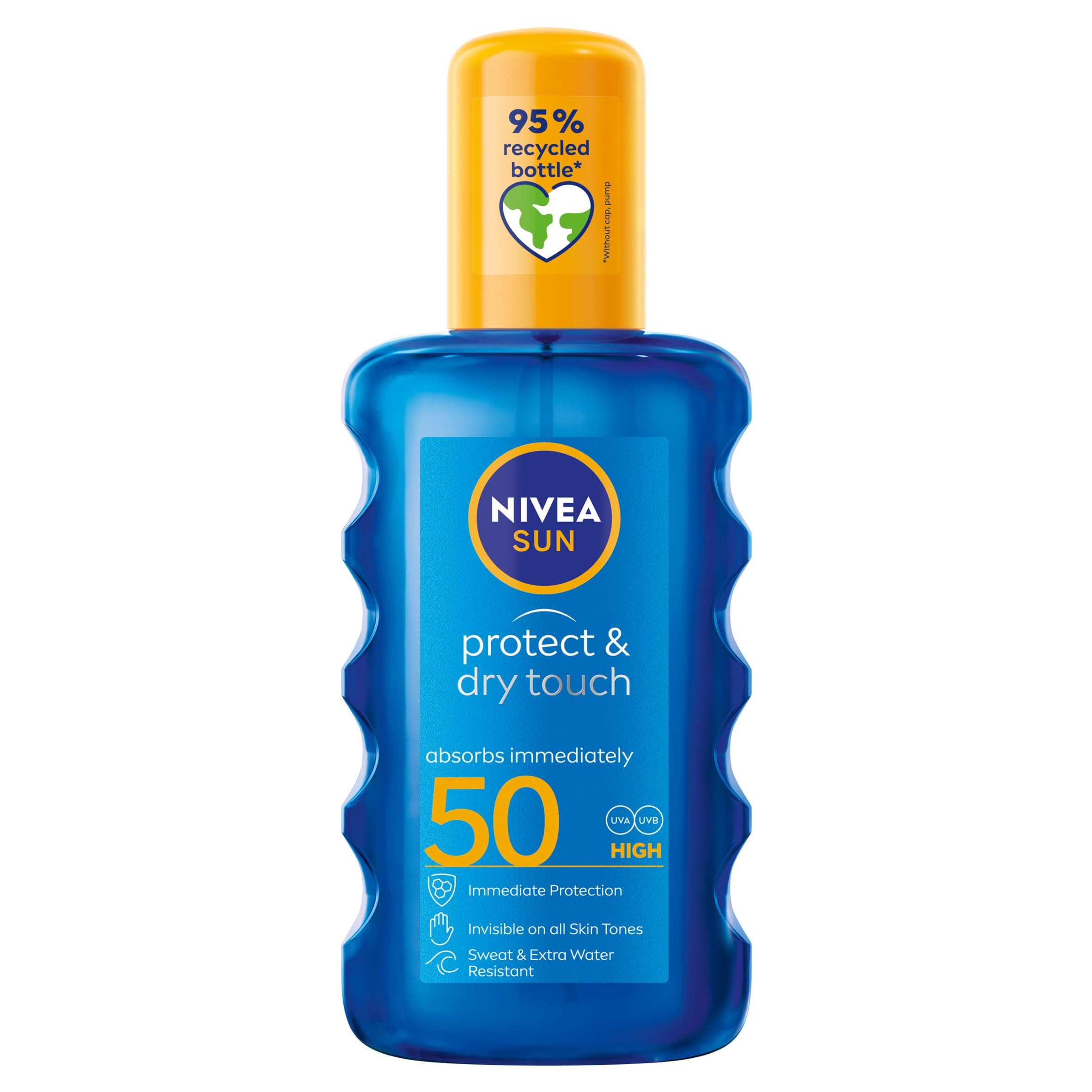 NIVEA SUN Protect & Dry Touch Invisible Sun Spray SPF 50 (200 ml), Water-Resistant Sun Oil, Immediate Protection against UVA & UVB Rays, Transparent/No White Marks