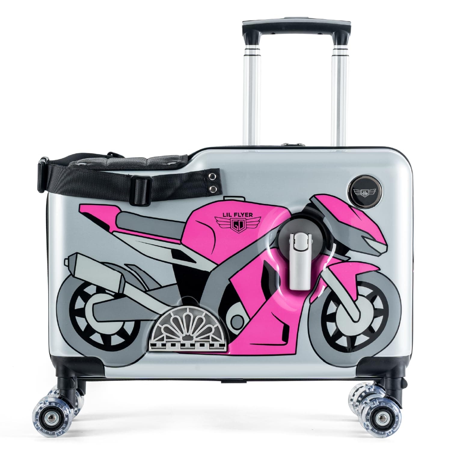 LIL FLYER GO Version 2 Ride On Suitcase for Kids | Carry On Luggage with Toddler Seat, Foldable Handlebars, Pedals, and Removable Wheels | Holds up to 80 lbs | Pink Motorcycle | Ages 2-6