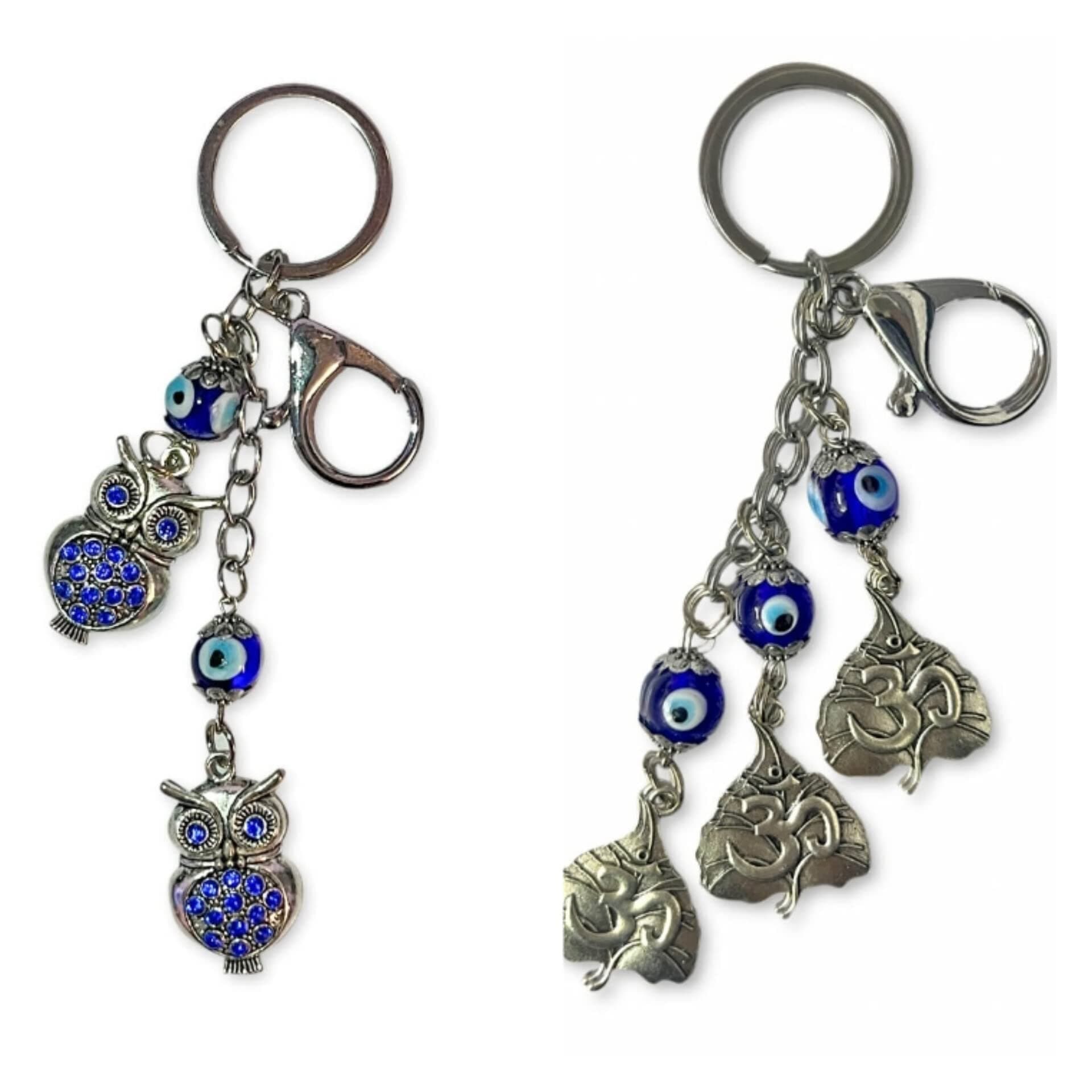 Combo Pack of 2 Evil Eye Keychain Kuber Key & Eye Design Silver Keychain Blue Good Luck Charms Key Holder for Attaching to Keys and Bags