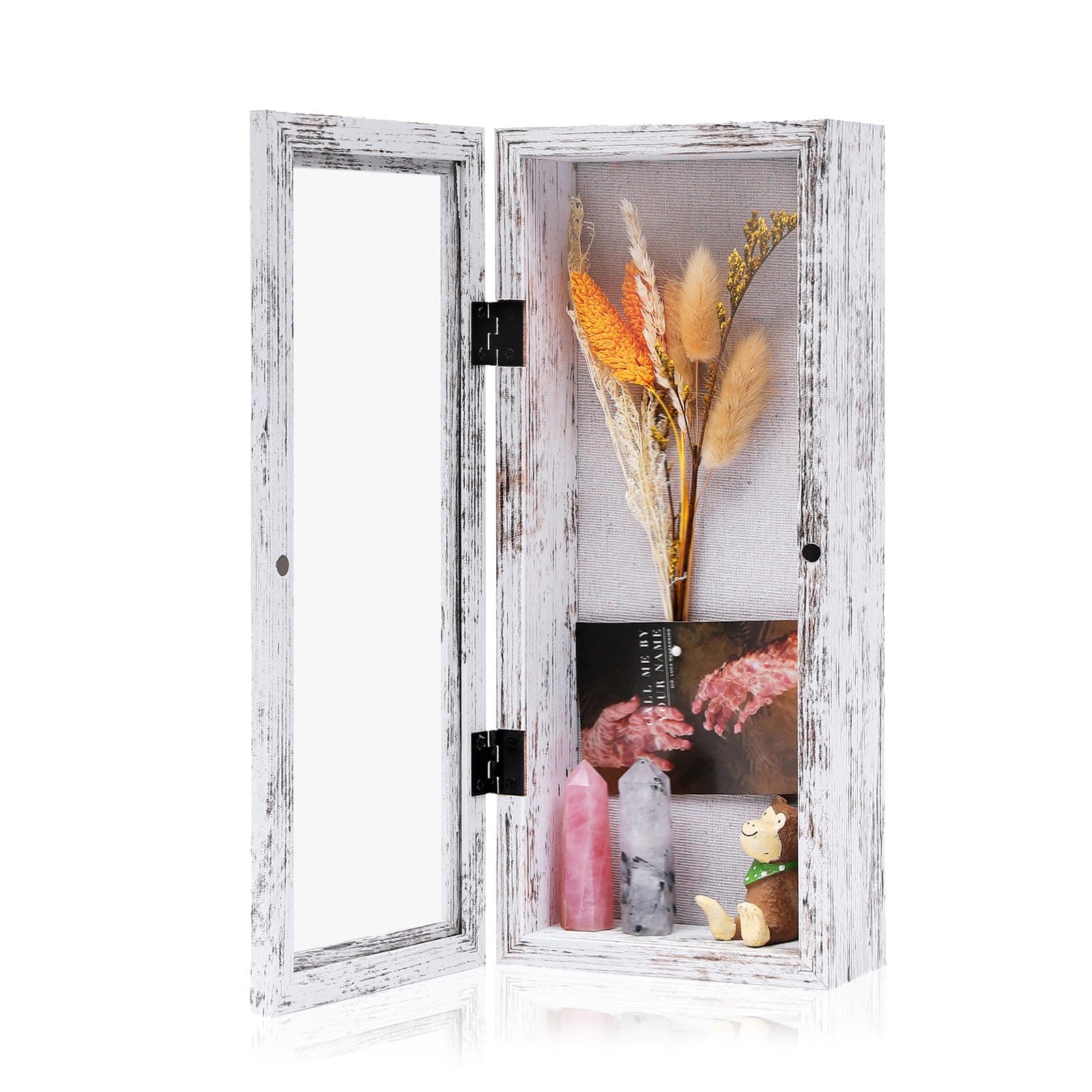 Muzilife 12.5x5 Shadow Box Picture Frame - 2.16" Deep Wood & Glass Display Case Ready to Hang Memory Box Baby Sports Memorabilia, Wedding, Tickets, and Photos, Rustic White