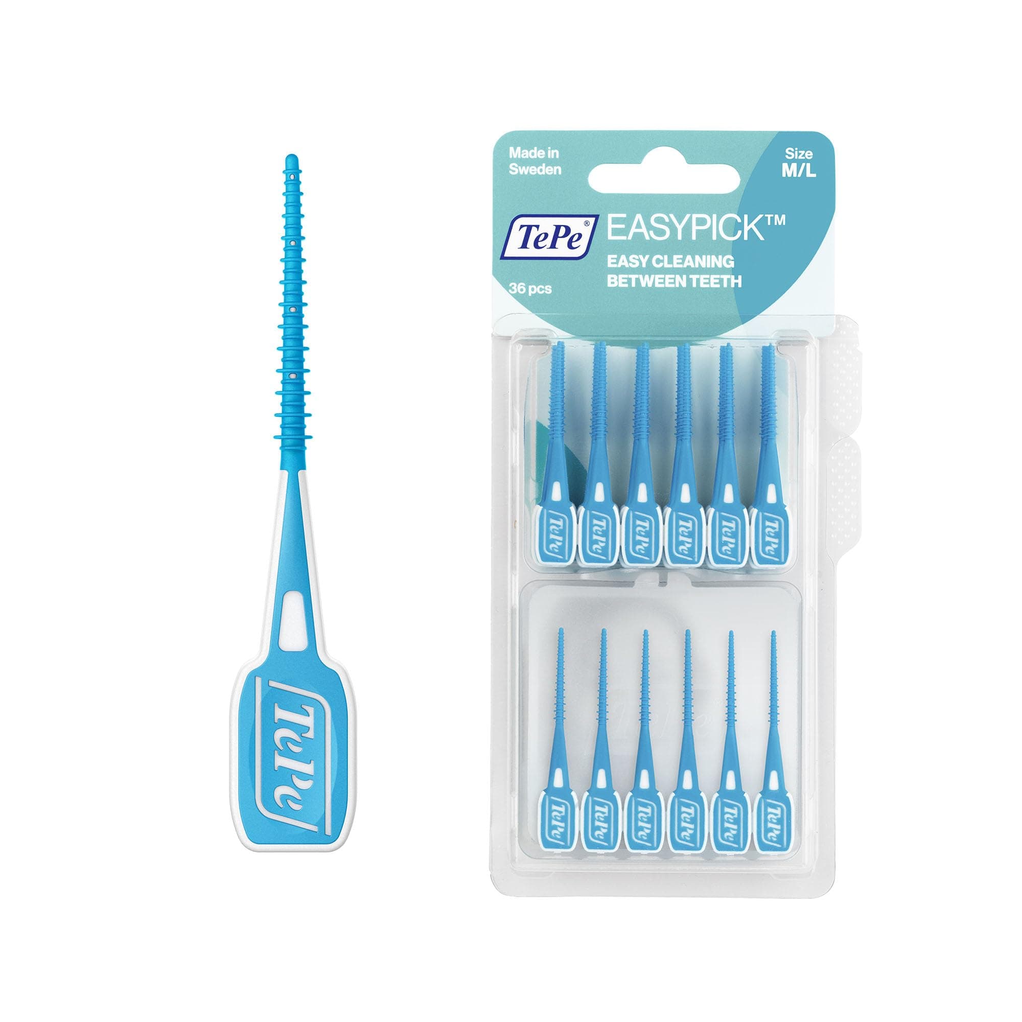 TePe Easy Pick Interdental Brush, 36 Pieces Blister Pack, M/L (Blue) with Travel Case [Genuine] [Official]