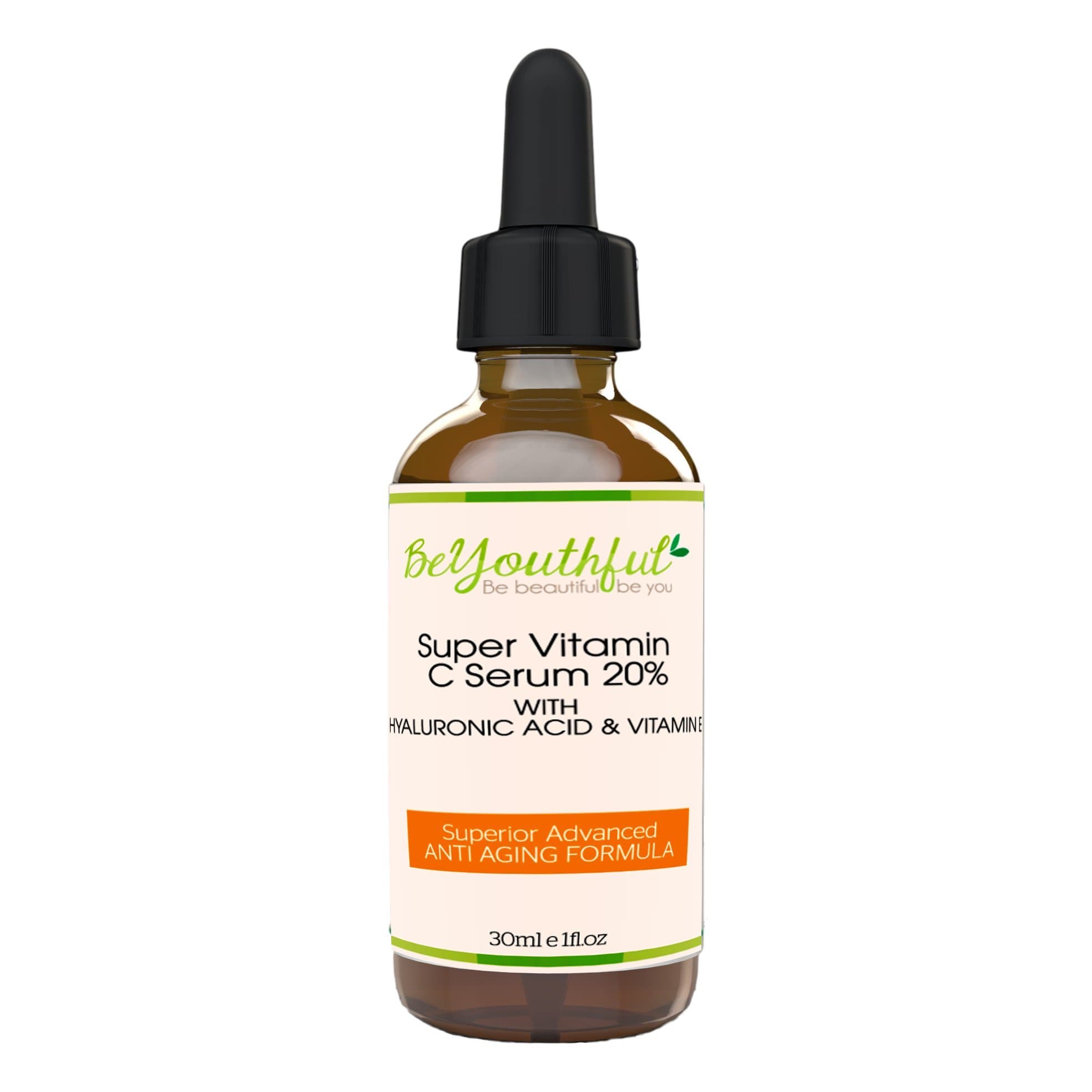 Vitamin C Serum For Face With 20% Vitamin C Plus Hyaluronic Acid and Vitamin E|Best Formula For Brighter, Healthy Skin And Anti-aging|Antioxidants Qualities Help Reduce Age Spots, Fine Lines And Wrinkles And Boost Collagen Synthesis|BeYouthful Premium Skincare For Men And Women 1oz(30ML) Bottle With Dropper