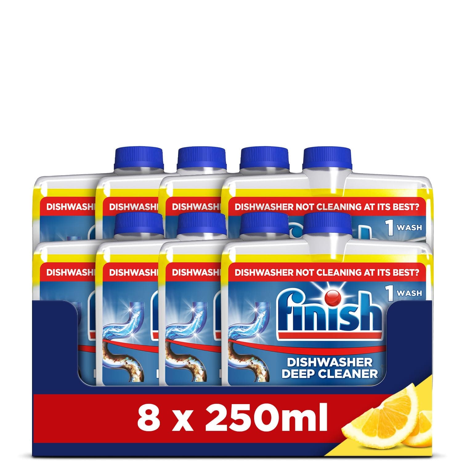 Dishwasher Cleaner, Lemon Scent, 2.0L (250ml x 8 pck), Removes Grease, Limescale and Dissolves Clogs, Fights Odour for a Cleaner Hygienic Dishwasher Machine