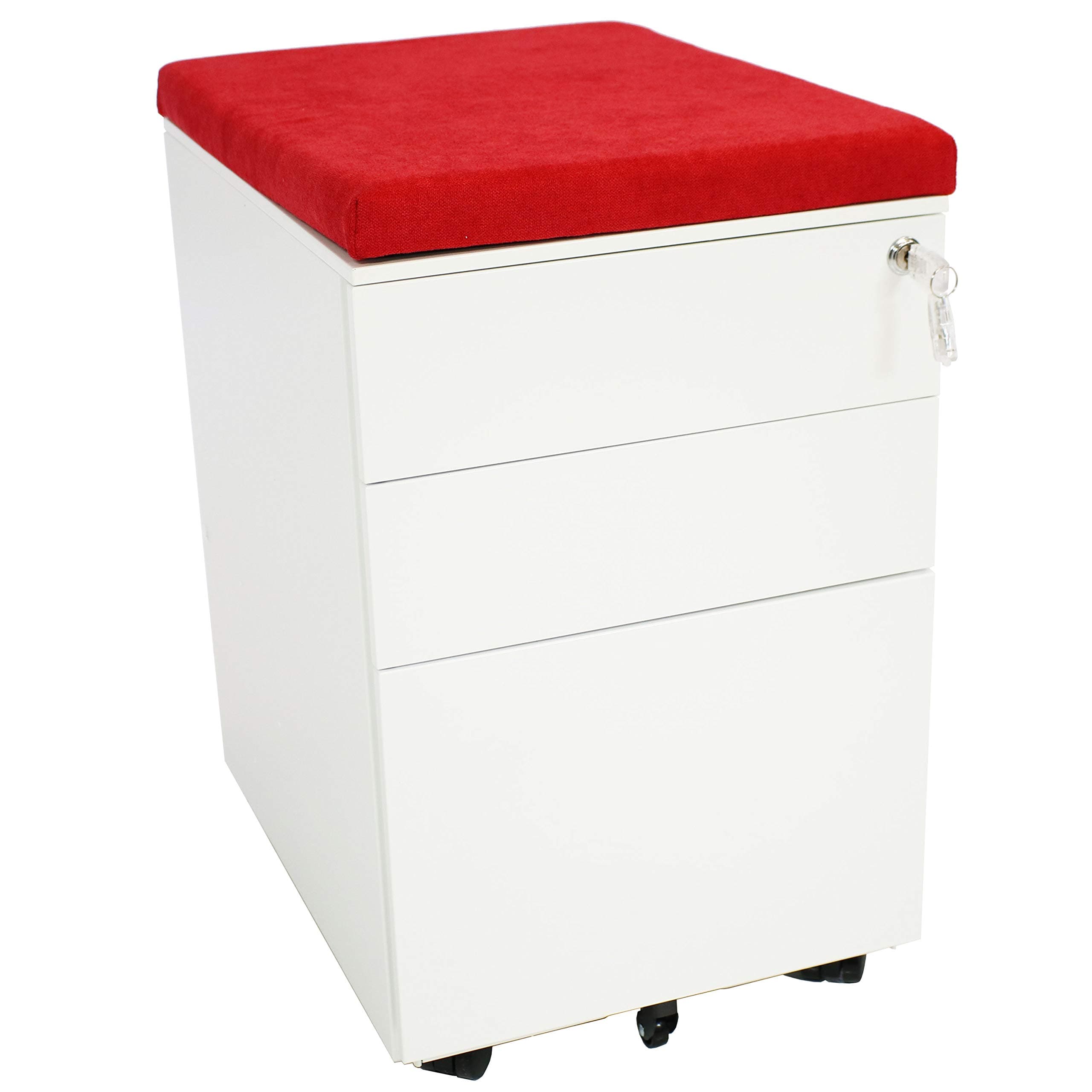 Rolling Mobile File Cabinet with Lock & Cushion Seat, Small Steel 3-Drawer Filing Storage System, White with Red Cushion