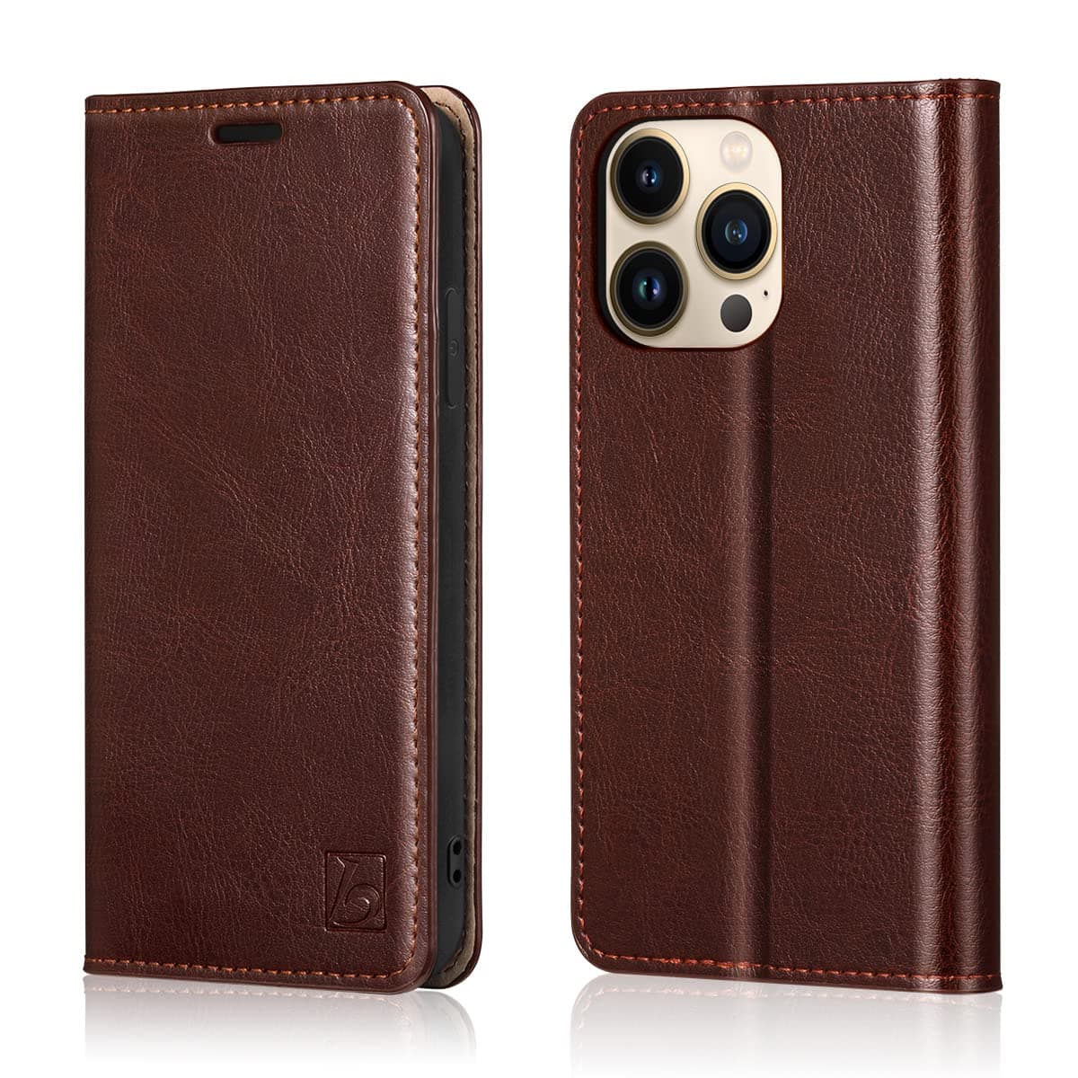 Belemay Compatible with iPhone 14 Pro Wallet Case-Genuine Leather Flip Phone Case-RFID Blocking Card Holders-Shockproof TPU Shell Folio Book Cover Women Men Compatible with iPhone 14 Pro (6.1") Brown