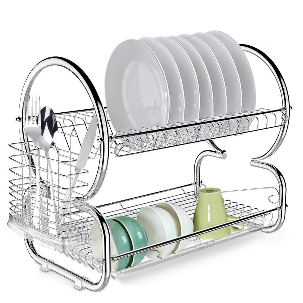 loukou 2-Tier Dish Rack Drainer Kitchen Storage Stainless Steel Space Saver Dish Drying Rack