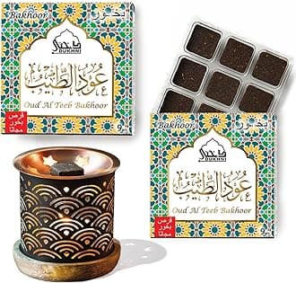 Oud Al Teeb Bakhoor Set عود بخور و مبخرشمعدان by Dukhni | 2 x 9 Piece Each & Rainbow Bakhoor Burner | Arabic Bakhoor Incense | Sweet Fruity Oud Blend | Perfect for Prayer Time | to Relax & Meditate