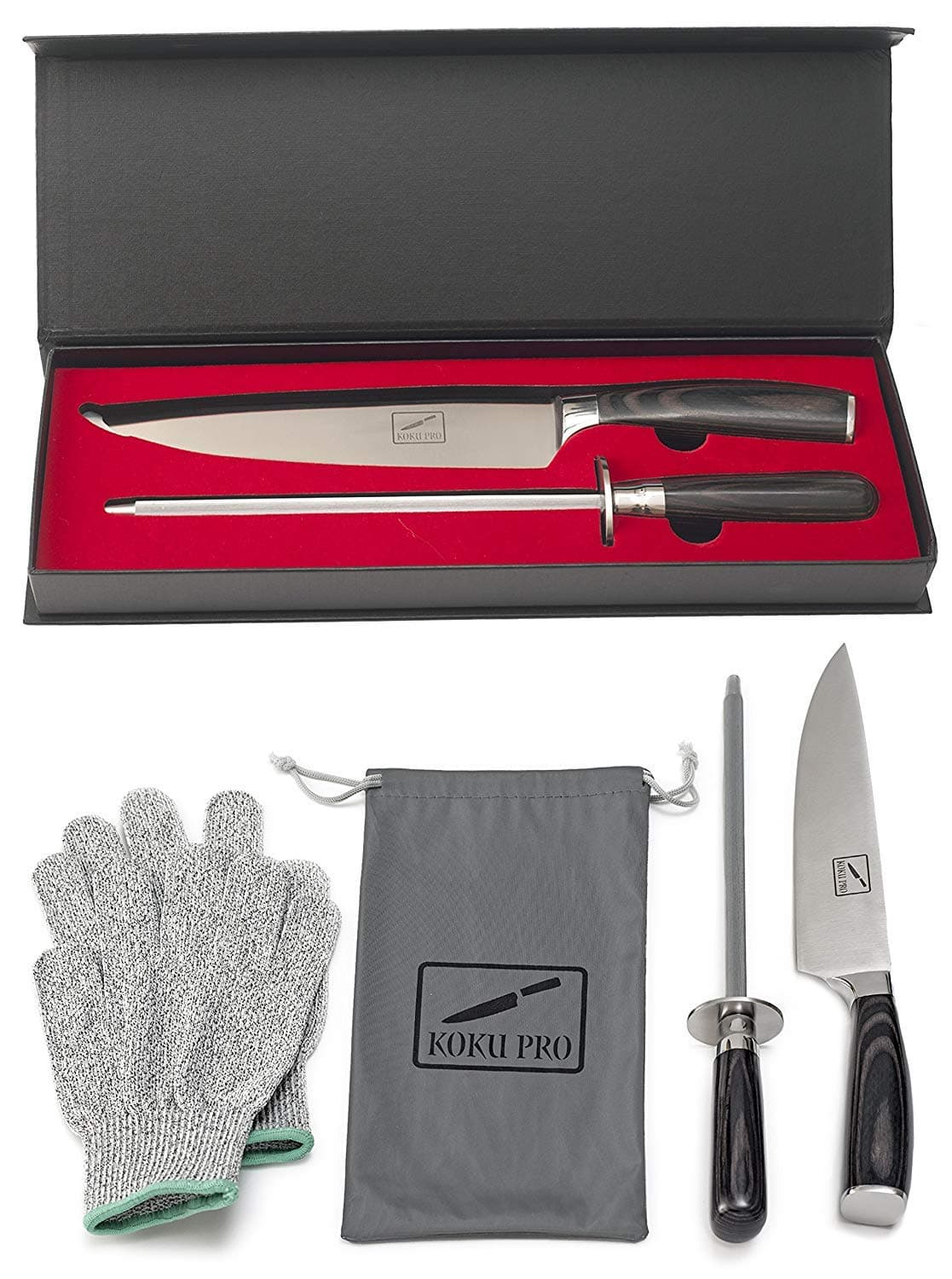 Japanese Knife - Super Sharp 8” Chef Knife - High Carbon Stainless Steel Kitchen Knife - Also Includes: Knife Sharpener, Pair of Kevlar (Cut-Resistant ) Gloves MEDIUM & Bag, Plus Storage Box