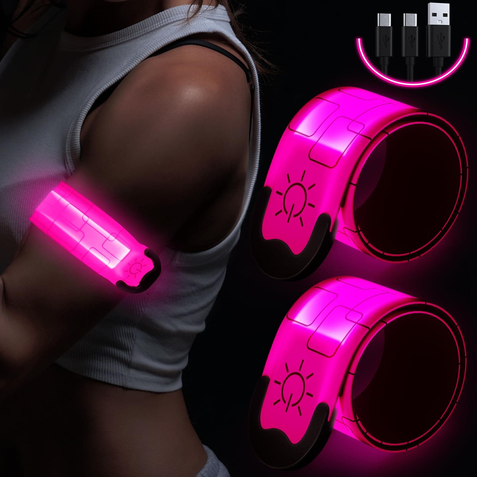 Simket Rechargeable LED Armbands for Running(2Pack),Reflective Running Bands, High Visibility Light Up Armbands for Runners, Bikers, Walkers, Pet Owners