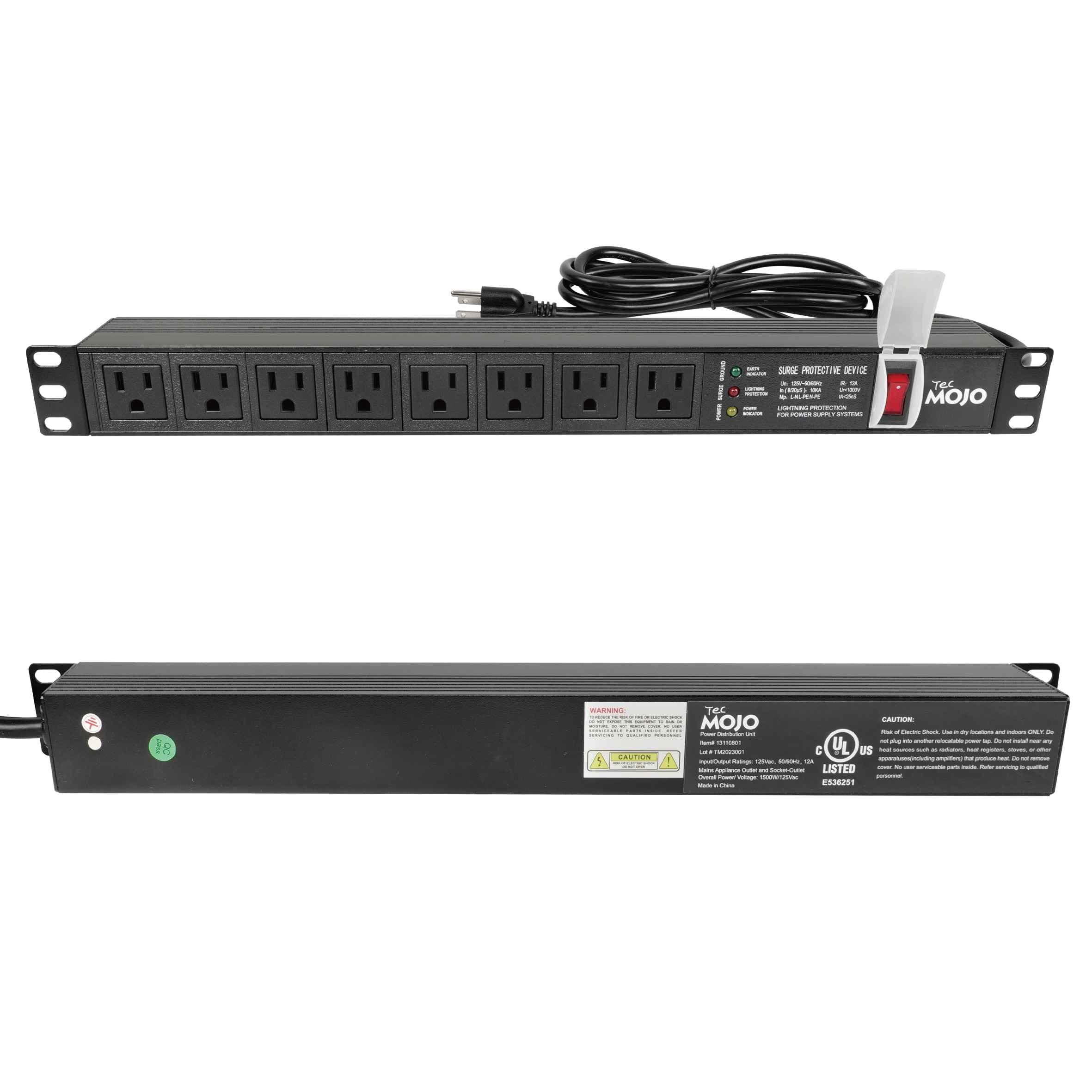 1U Rack-Mount Horizontal 8-Outlet Power Strip UL Listed PDU with Surge Protection LED Indicators 6ft Cord Power Distribution for IT and Network Server Racks