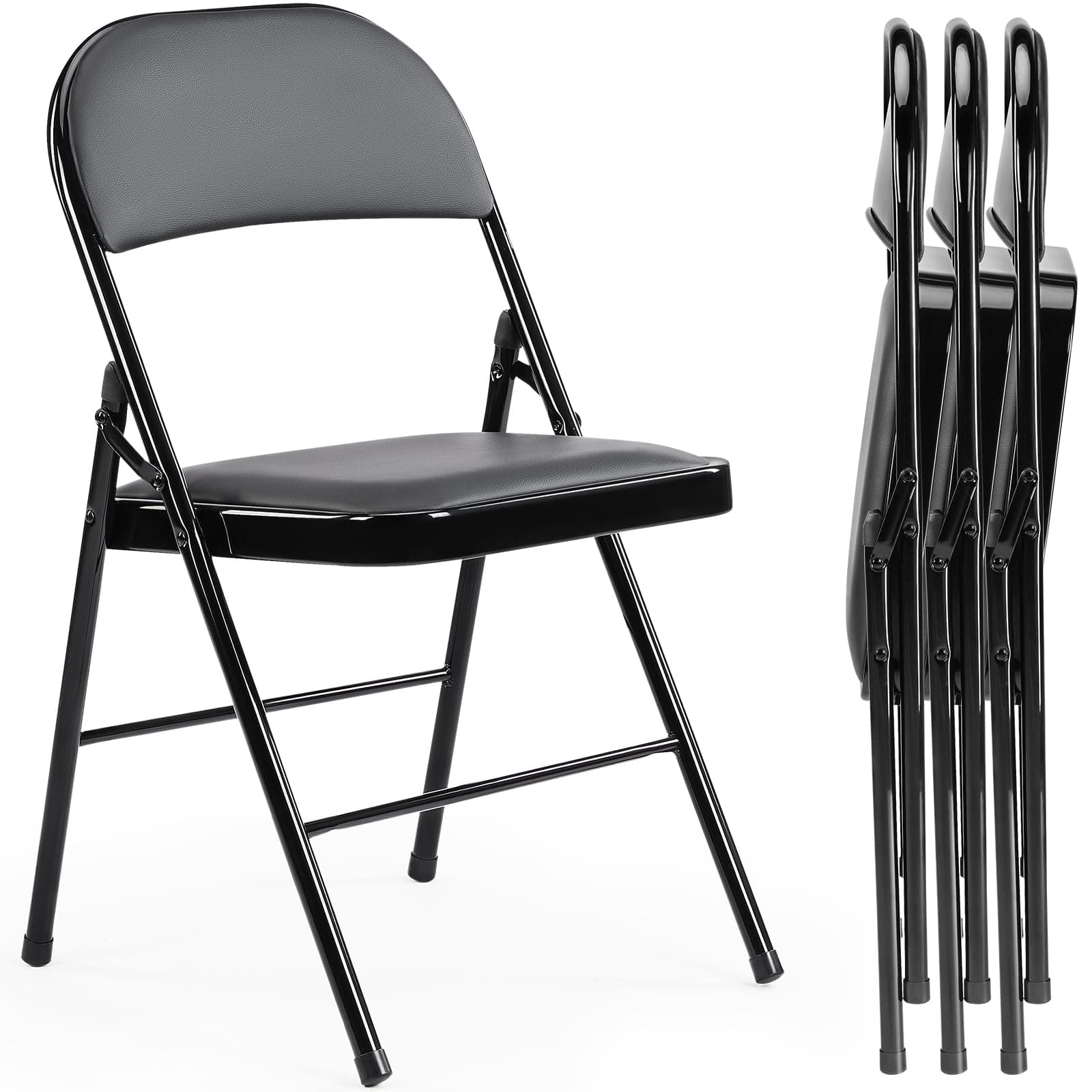 Sweetcrispy Folding Chair 4 Pack, Leather Padded Folding Chairs, Sturdy Metal Foldable Chairs, Easy to Use and Store, Outdoor and Indoor, for Home, Office, Party, Comfy, Black