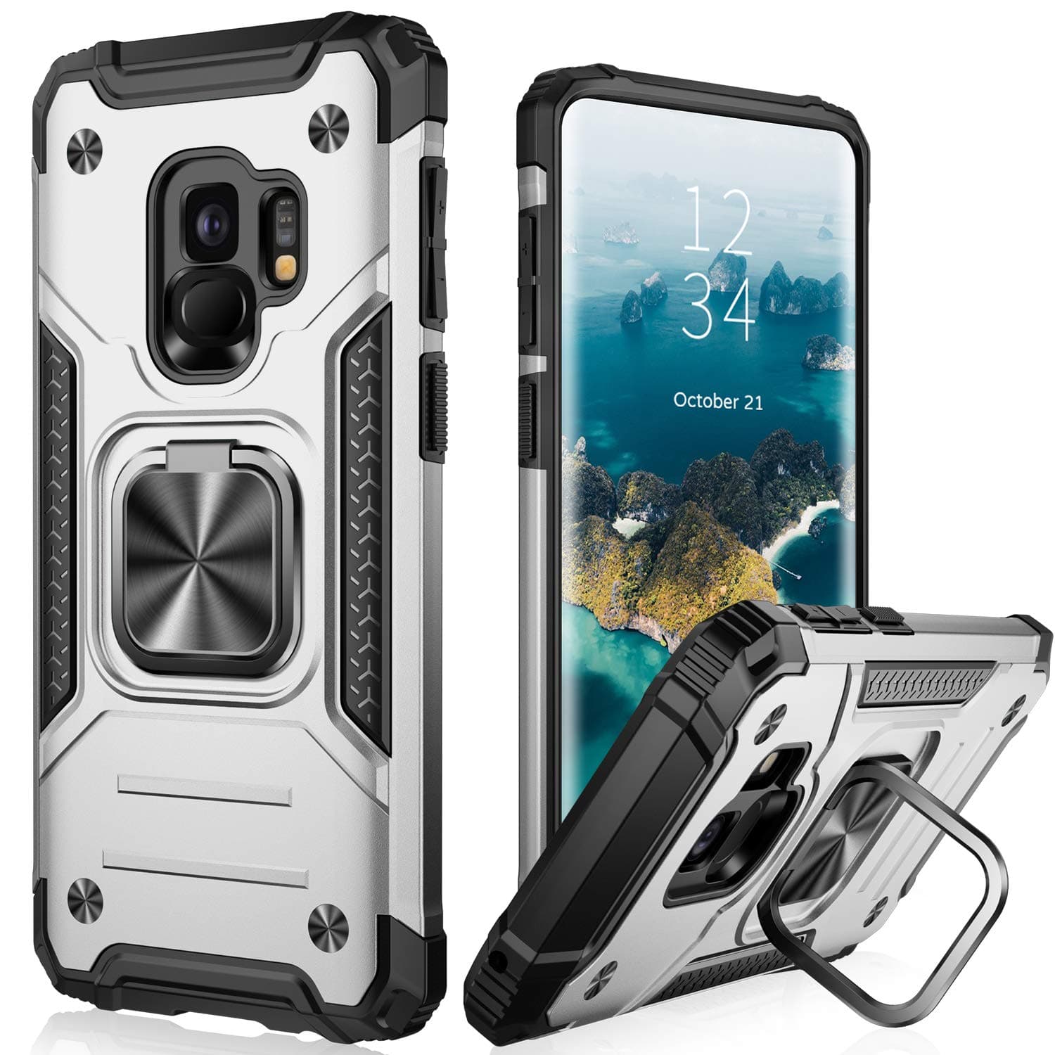 IKAZZ for Galaxy S9 Case,Dual Layer Soft Flexible TPU and Hard PC Anti-Slip Full-Body Rugged Protective Phone Cover with Magnetic Kickstand Silver Color