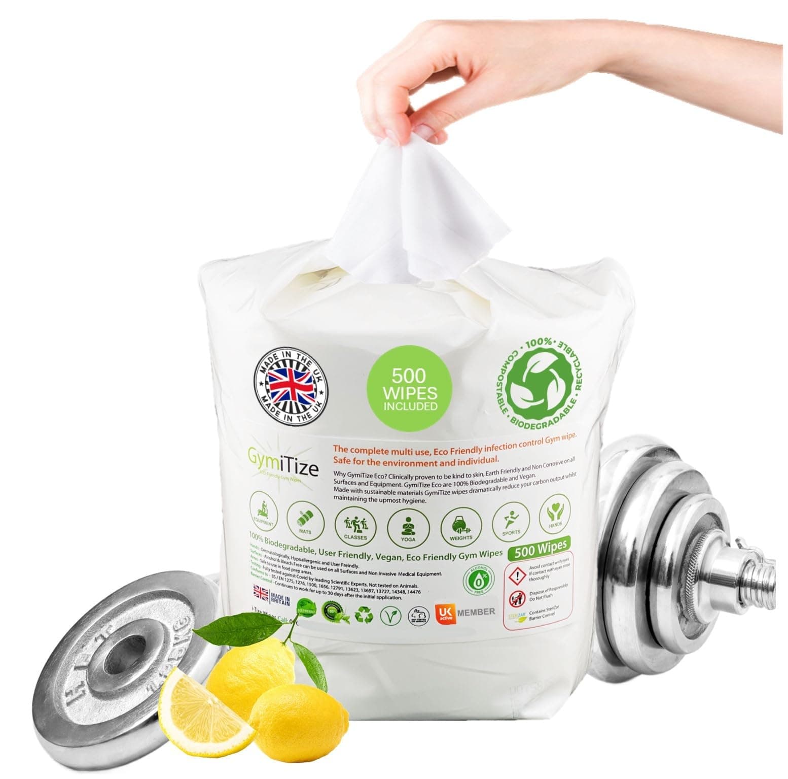 Biodegradable Gym Wipes, Surface Wipes, 100% Biodegradable, Made in the UK, 100% Plant Fibre, 0% Plastic, 500 Refills Per Pack, (1 Pack)