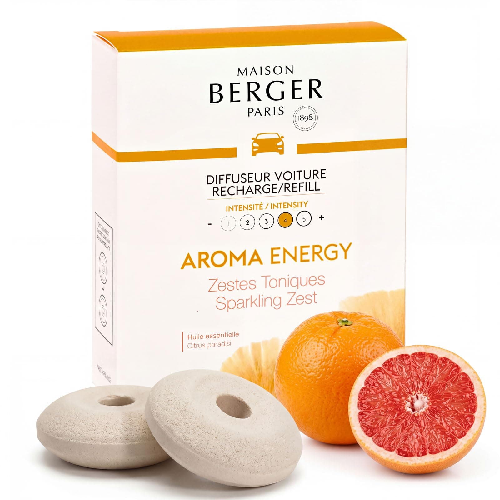 Luxury Car Diffuser Refill Set Aroma Energy – Pack of 2 Ceramic Refills, 4-6 Week Passive Diffusion, Made in France