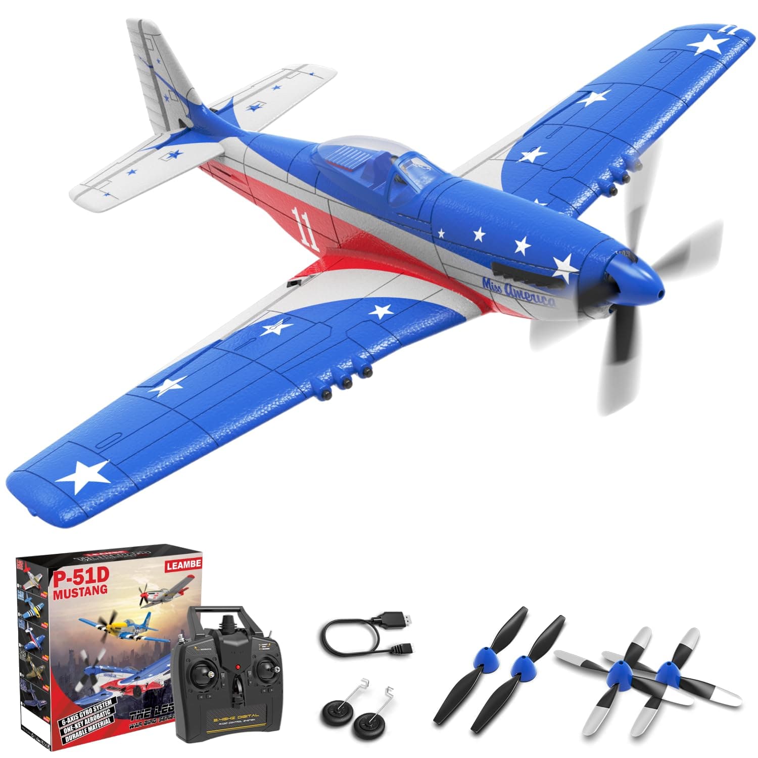 LEAMBE RC Plane 4 Channel Remote Control Airplane with 3 Modes - Ready to Fly Upgrade P51 RC Airplane for Beginners Adult with Xpilot Stabilization System & One Key Aerobatic Blue-Red