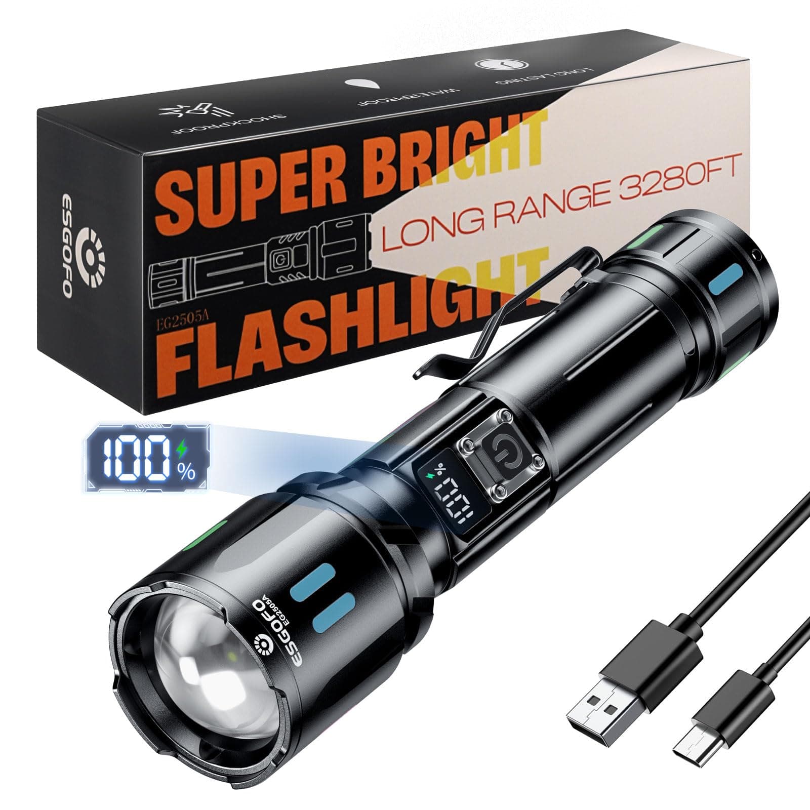Rechargeable Torch LED Super Bright 500000 Lumen, Powerful Flashlight Long Distance Zoomable & Single Click 3 Modes, High Power USB C Long Lasting 15H Flash Light, for Camping Hiking Emergency