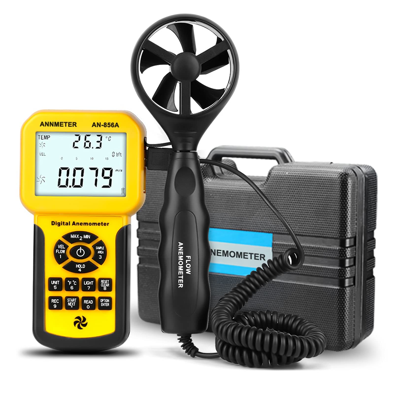 Handheld CFM CMM Wind Speed Meter, Separate Anemometer Measure Air Flow Velocity Temp Gauge for HVAC with Data Record MAX MIN AVG(ANNMETER AN-856A)