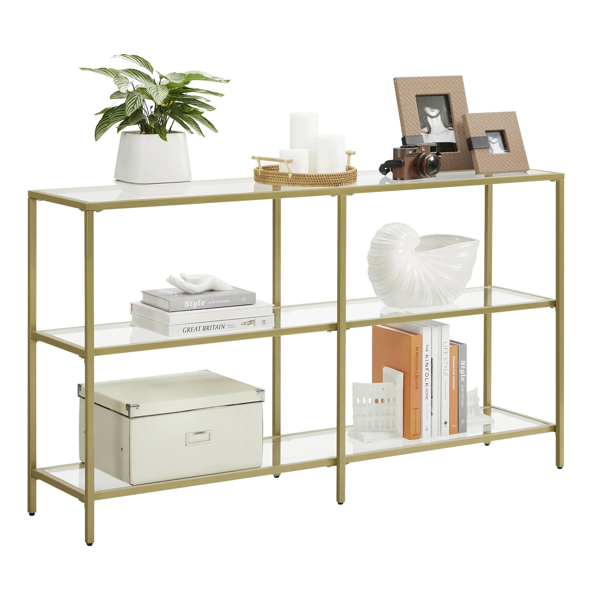 VASAGLE 51.2 Inch Console Table with 3 Shelves, Sofa Tables, Modern Entryway Table, Metal Frame, Tempered Glass Shelf, Entryway Living Room Bedroom, Metallic Gold and Transparent ULGT024A01