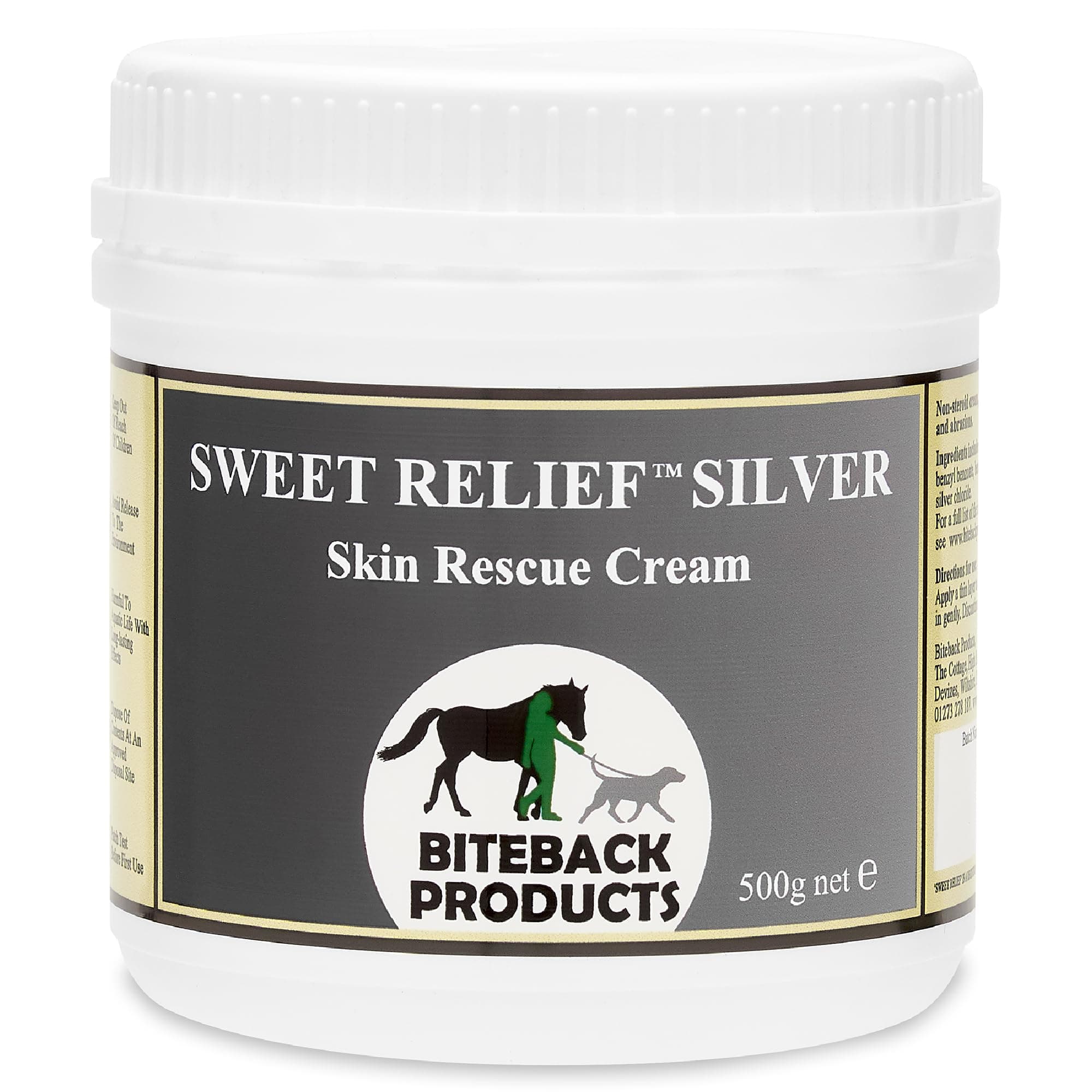 Biteback 'Sweet Relief Silver' Cream - Essential Silver Cream for Horses & Dogs, Antiseptic for Minor Abrasions & Rubs, Ideal for First Aid Kit, Skin Care & Revival - 500g