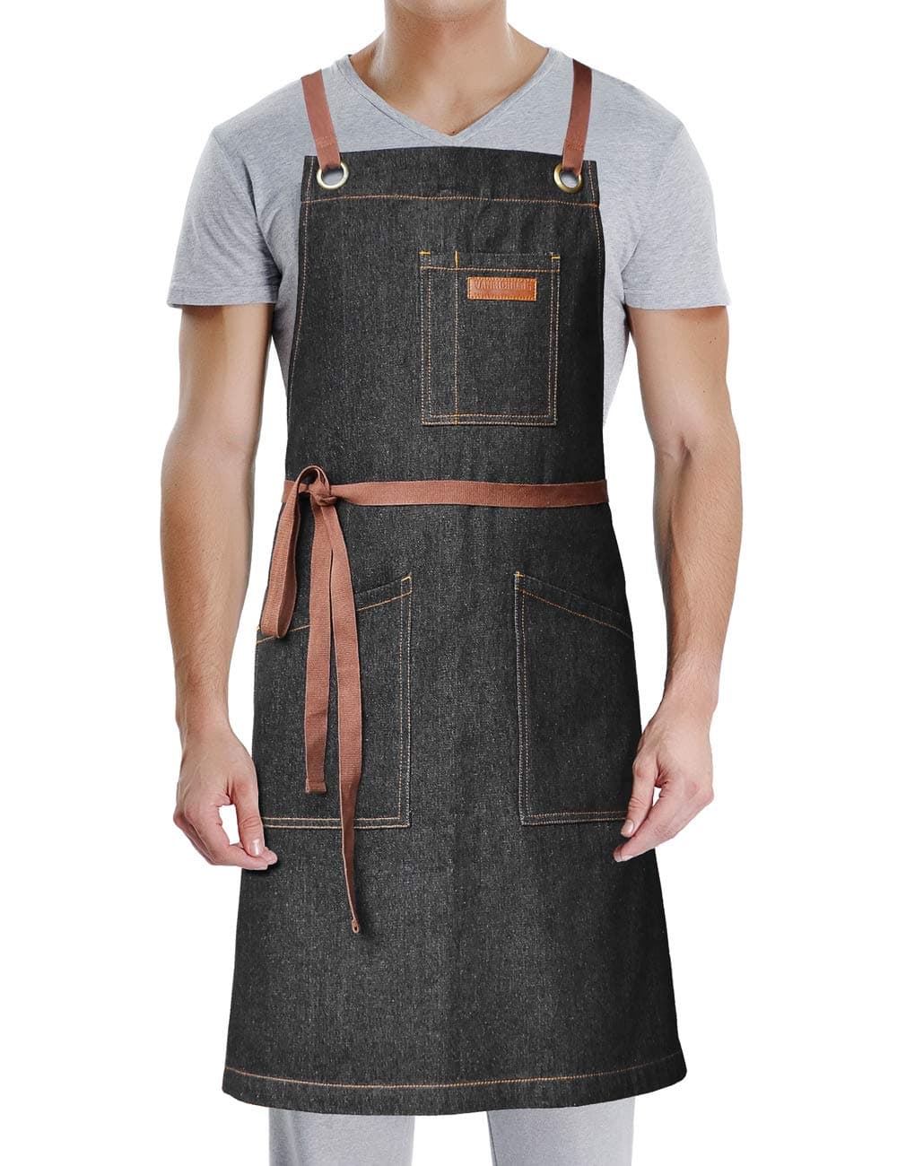 LDG Denim Apron with Pockets,for Kitchen Cooking Grill BBQ Artist Barista Shop Bartender Craft,Chef Apron for Men Women with Cross Back Straps, Adjustable Plus Size