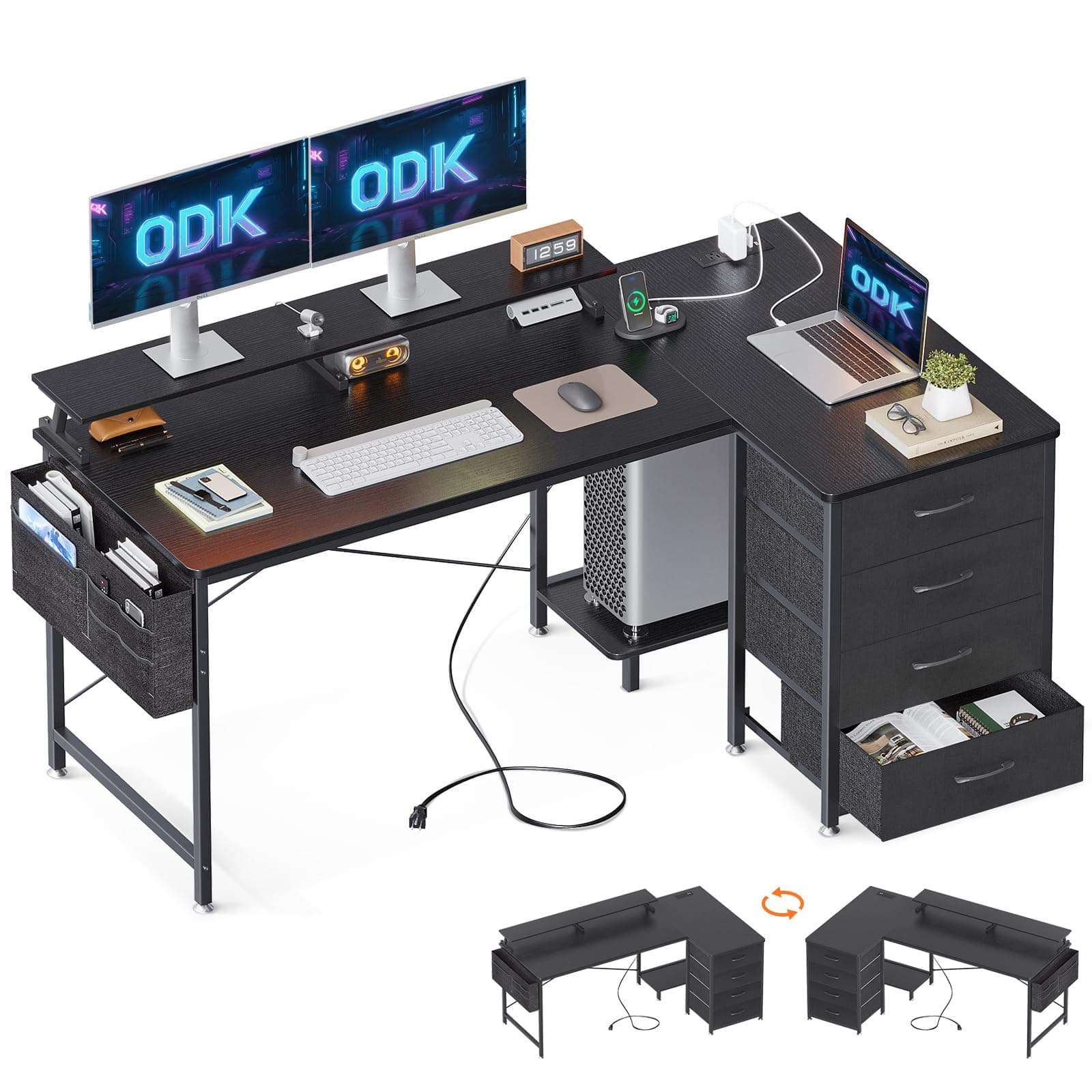 ODK Corner Desk with Drawers, L Shaped Computer Desk 140x80cm with USB Charging Port & Power Outlet, Home Office Desk with Monitor Stand and PC Stand, Gaming Desks Workstations, Black