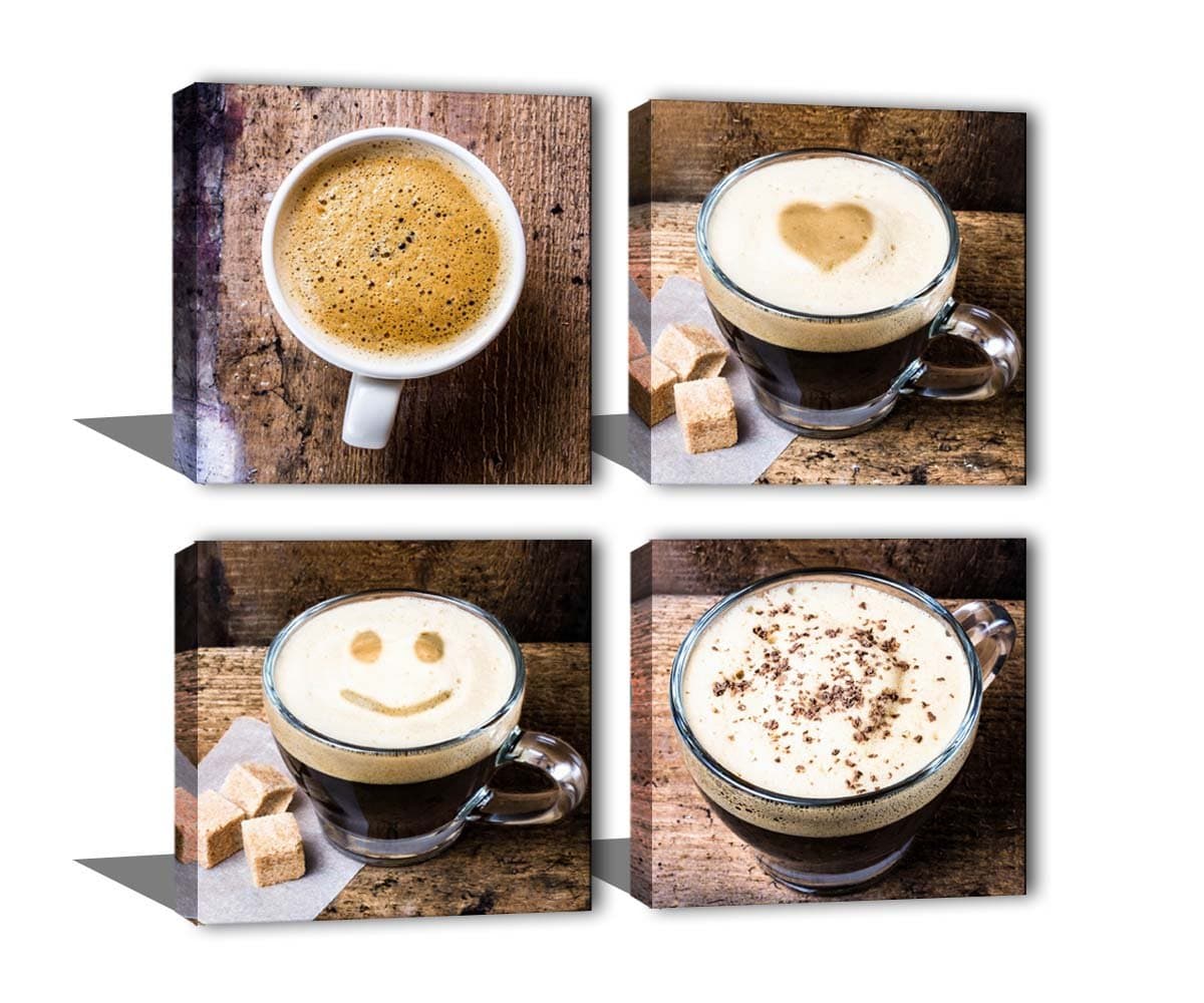 Noah Art-Contemporary Coffee Cup Wall Decor Canvas Prints, Drinking Artwork Coffee Painting Photo Printing, 4 Panel Framed Coffee Themed Canvas Wall Art for Cafe Kitchen Dining Room Wall Decoration