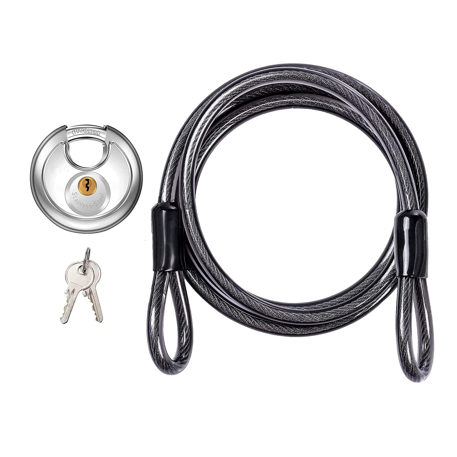 Disc Padlock with Cable - Stainless Steel Discus Lock,3/8-Inch Shackle and 6 Ft Security Steel Cable for Outdoor Fence Bike Kayak Trailer