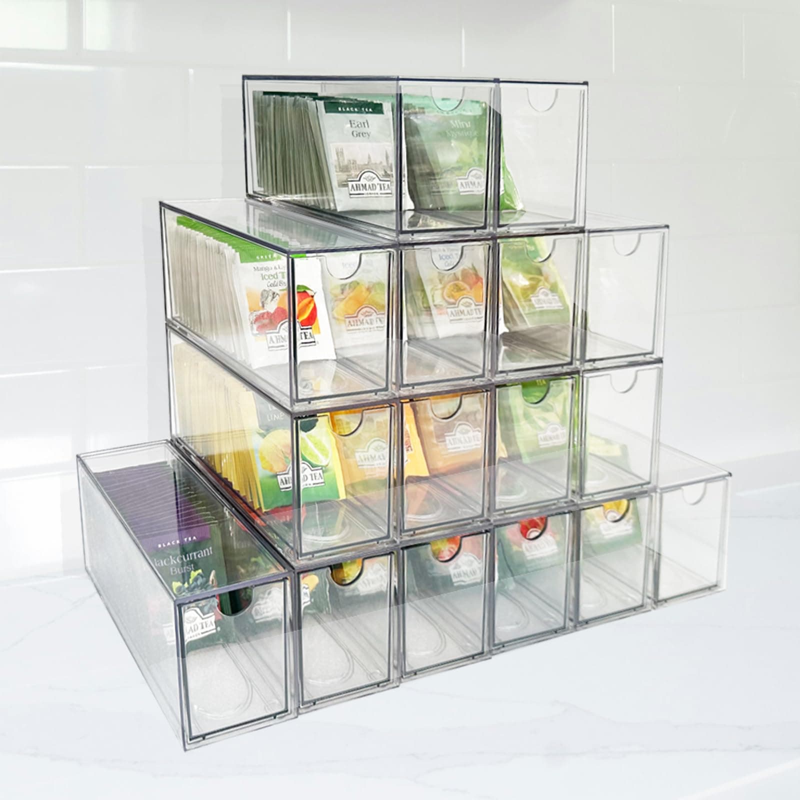 16-Pack Tea Bag Drawers Organizer - 16 Clear Plastic Drawer Tea Bag Holder; Stackable & Portable; Wider Size; Well-Organized Storage for Tea Bags & Kitchen Essentials;High Volume