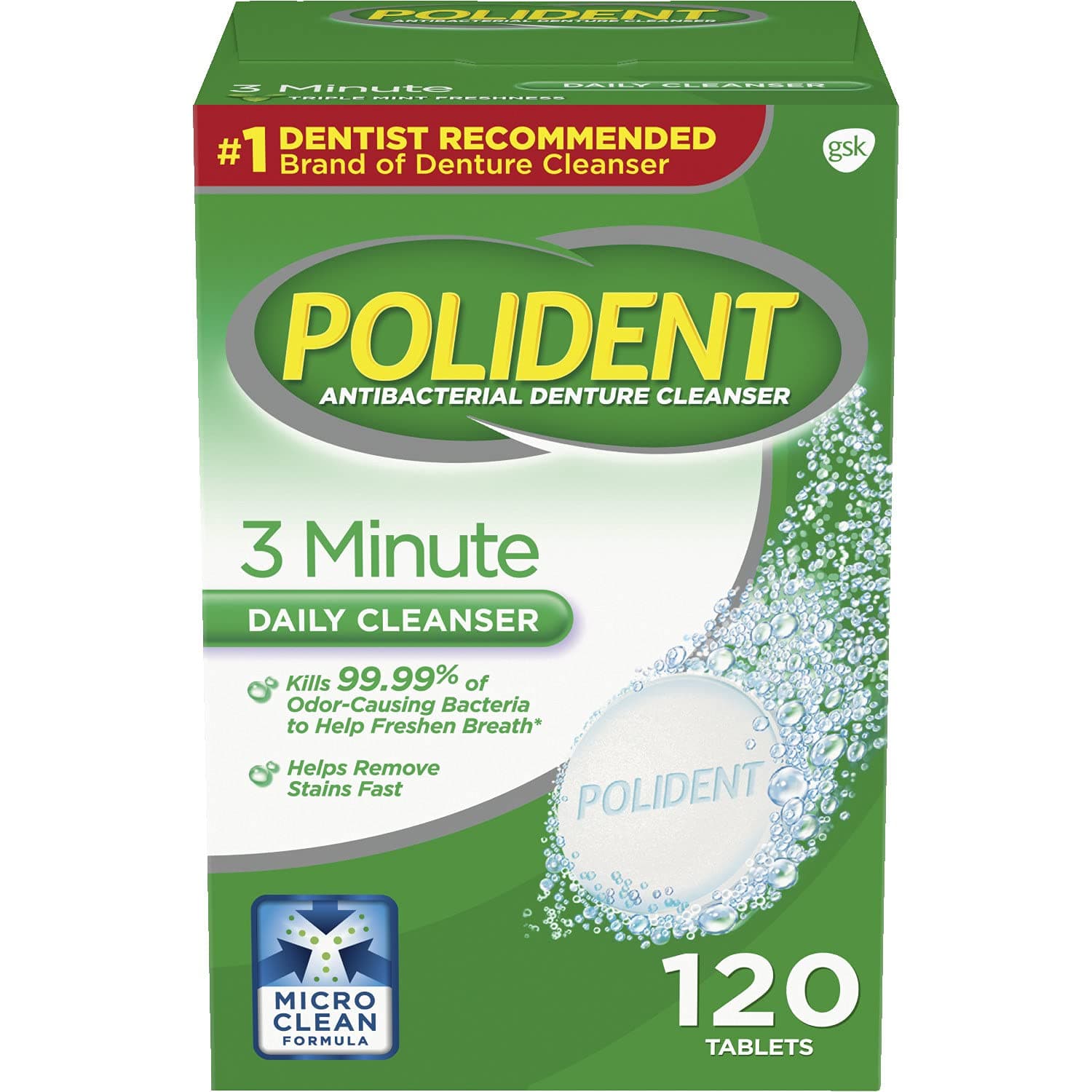 Polident3 Minute, Antibacterial Denture Cleanser, 120 Ea - 2Pc