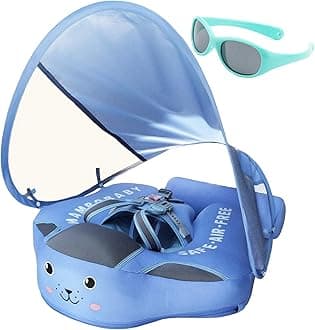 Mambobaby Float Add Tail No Flip Over Non-Inflatable Baby Swim Float Pearl Foam Solid Water Floats Smart Swim Trainer Infant Pool Float Swim Ring with Sun Canopy