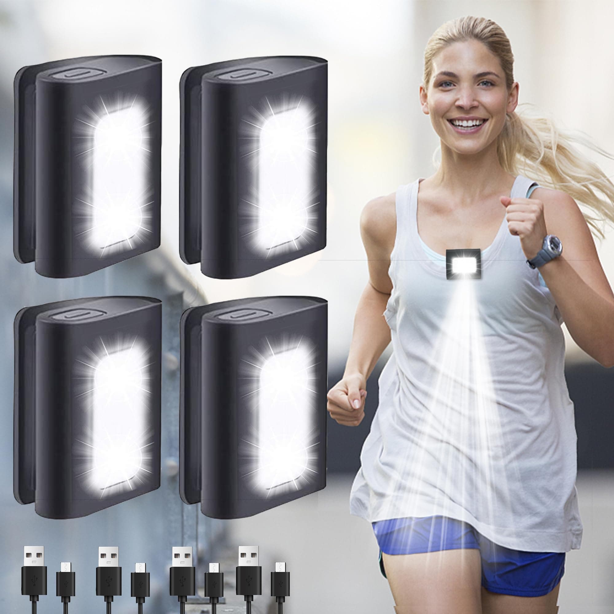 Running Light, 4Pack Reflective Running Gear for Runners, USB Rechargeable LED Light, Clip on Running Lights with Runners and Joggers for Camping, Hiking, Running, Outdoor Adventure