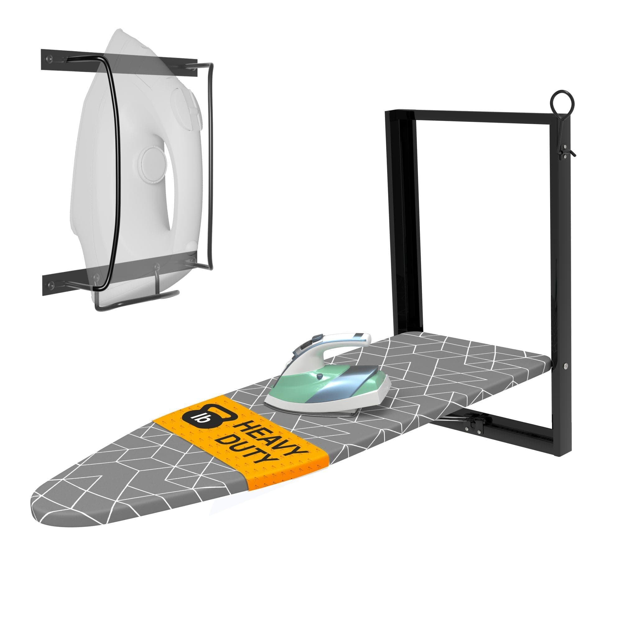 Xabitat Wall Mounted Ironing Board with Iron Holder | 36.2" X 12.2" Compact Mount Fold Down Ironing Board for Small Spaces | Space Saving with Cotton Fabric Cover | Black and Grey