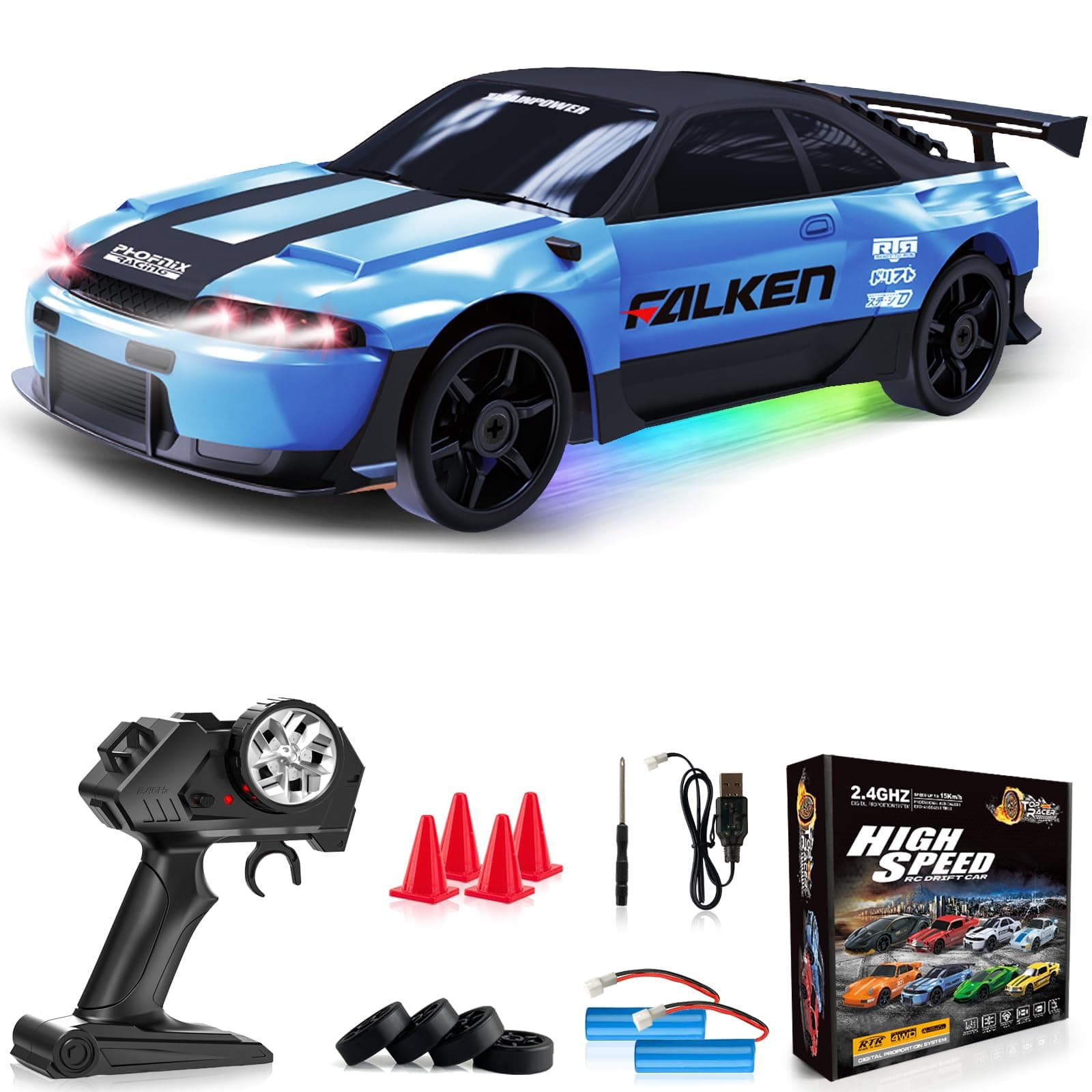 Remote Control Car RC Drift Car 2.4GHz 1:24 4WD 15KM/H High Speed Racing Sport Car with LED Lights Drifting Tire Racing Sport Toy for Adults Boys Girls Kids Gift 2Pcs Rechargeable Batteries