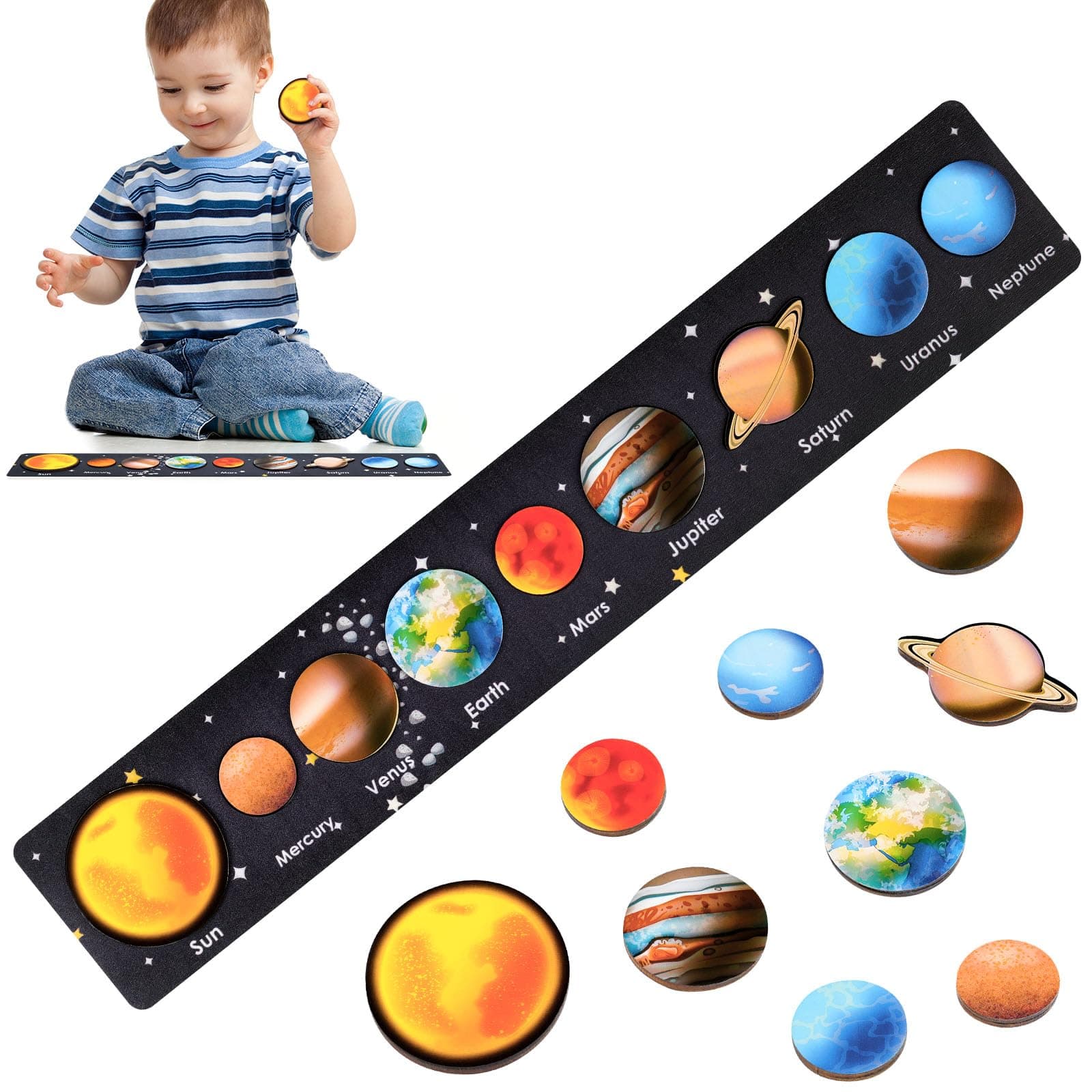 OSDUE Wooden Solar System Planet Puzzle, Learning Educational Planet Puzzle