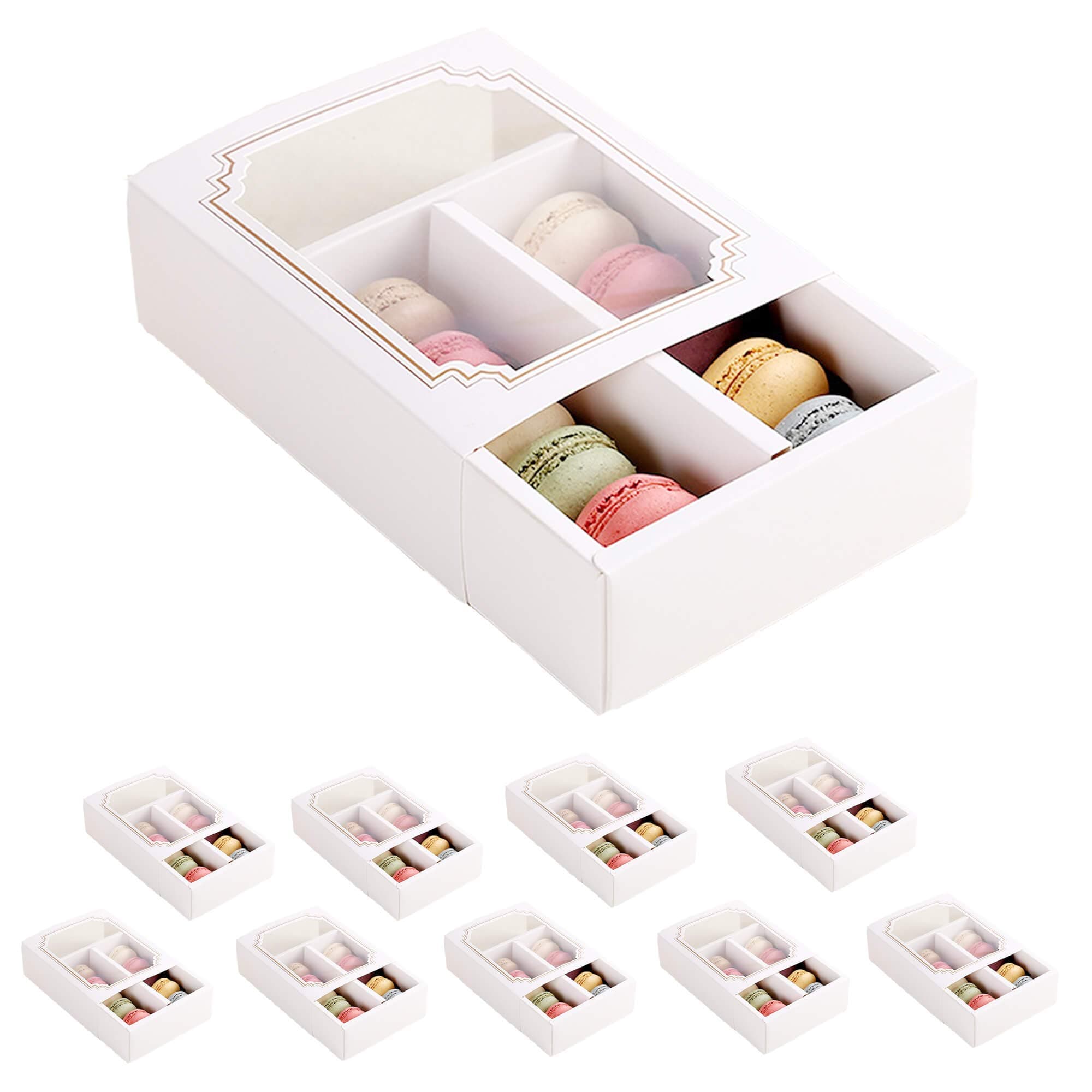 10 Packs Macaron Boxes 6.1x4.9x2 Inches, Macaron Box for 10 Macaron Packaging Boxes & Candies Cookies Container with Clear Window (Matte Gold, 10 Pcs without Macarons inside)